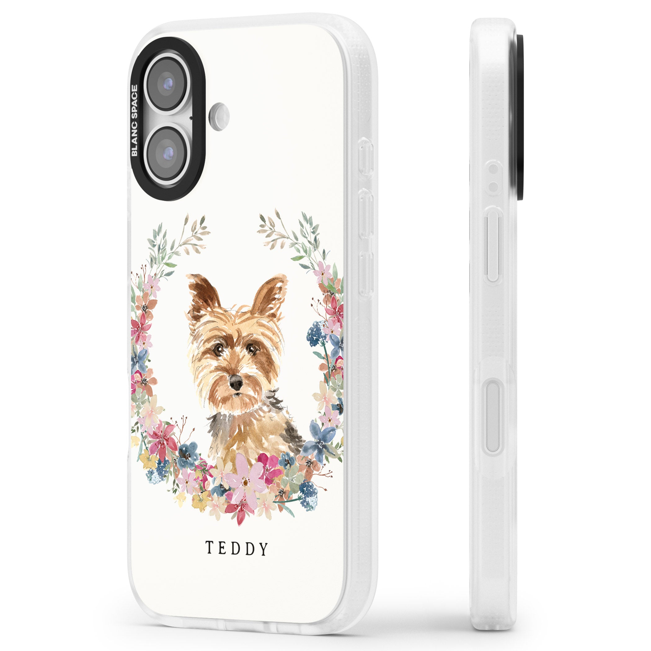 Personalised Yorkshire Terrier Floral Portrait iPhone 17 Impact Air Clear Phone Case Side Profile