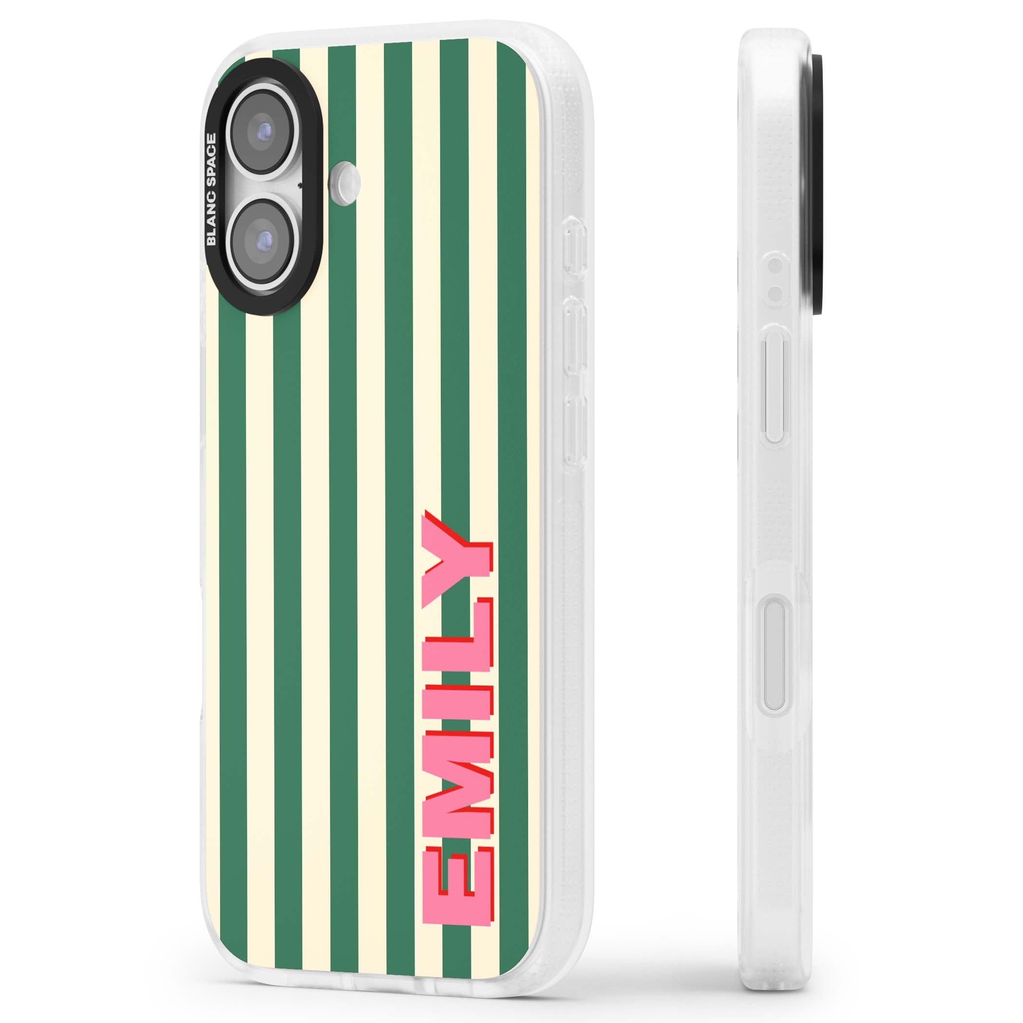 Wimbledon Stripe preppy iPhone case featuring green and cream vertical stripes with a personalised pink name | Clear Case Impact Air case for iPhone 17