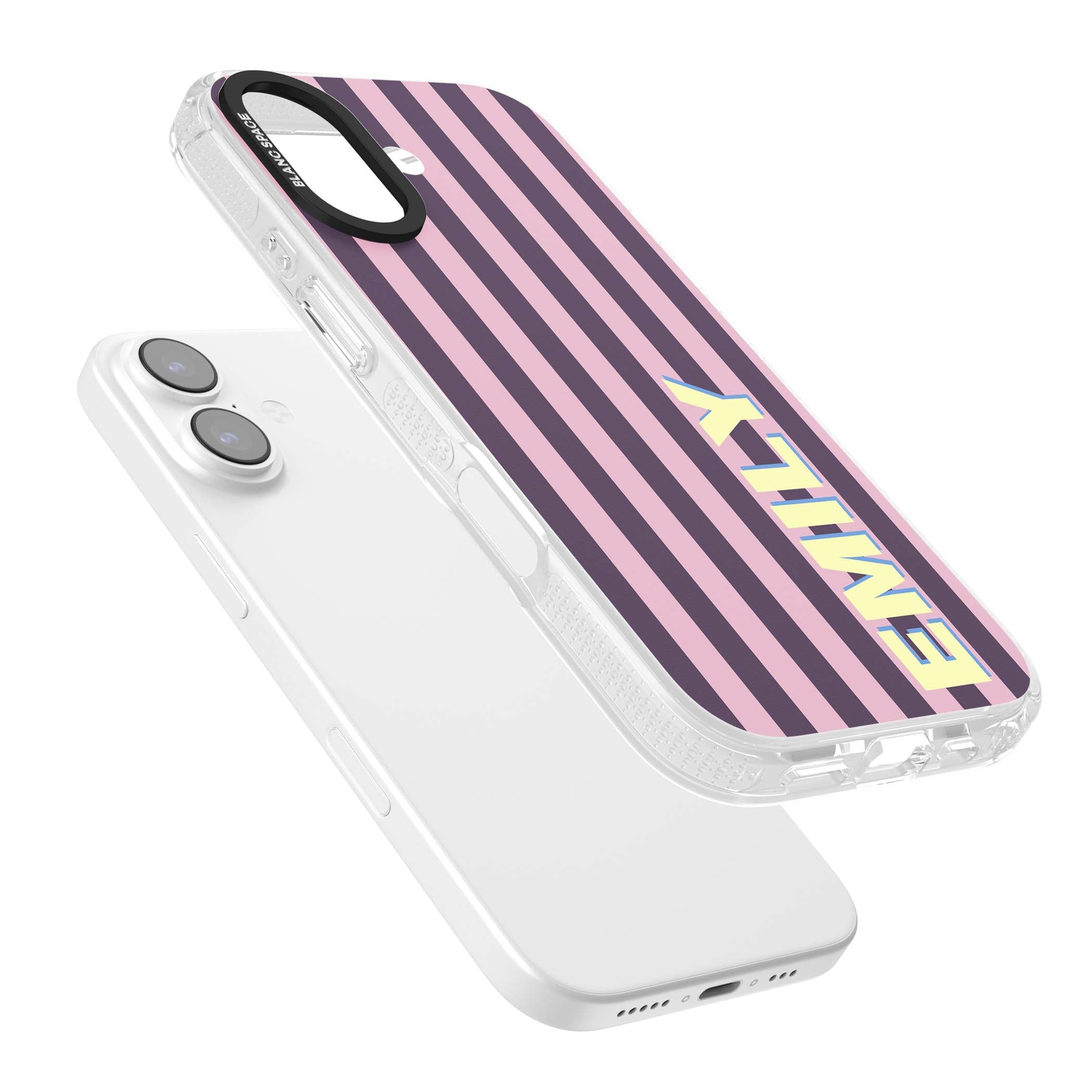 Tyre Stripe personalised stripe iPhone case with plum and pink vertical stripes and custom yellow name | Clear Case Impact Air case for iPhone 17