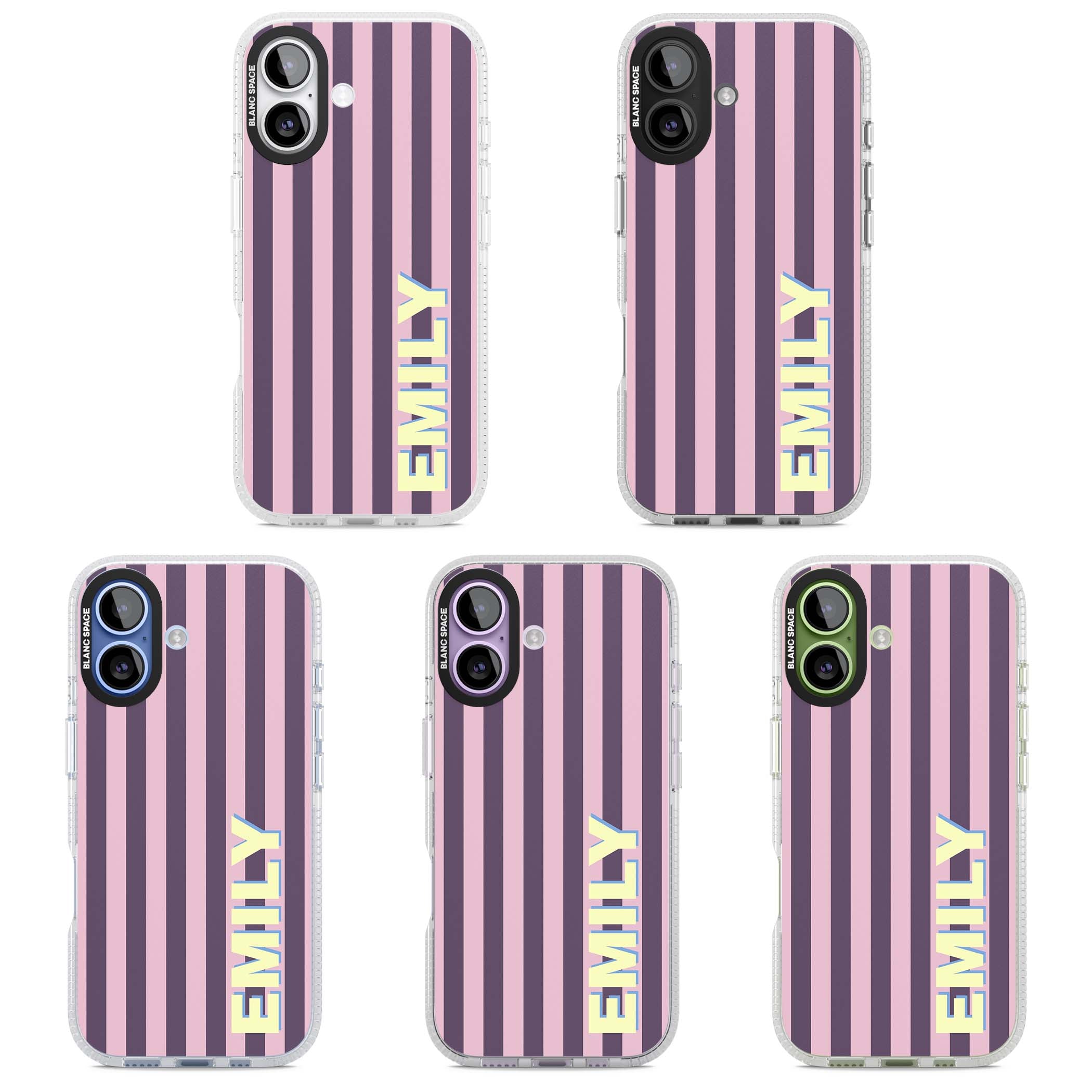 Tyre Stripe personalised stripe iPhone case with plum and pink vertical stripes and custom yellow name | Clear Case Impact Air case for iPhone 17