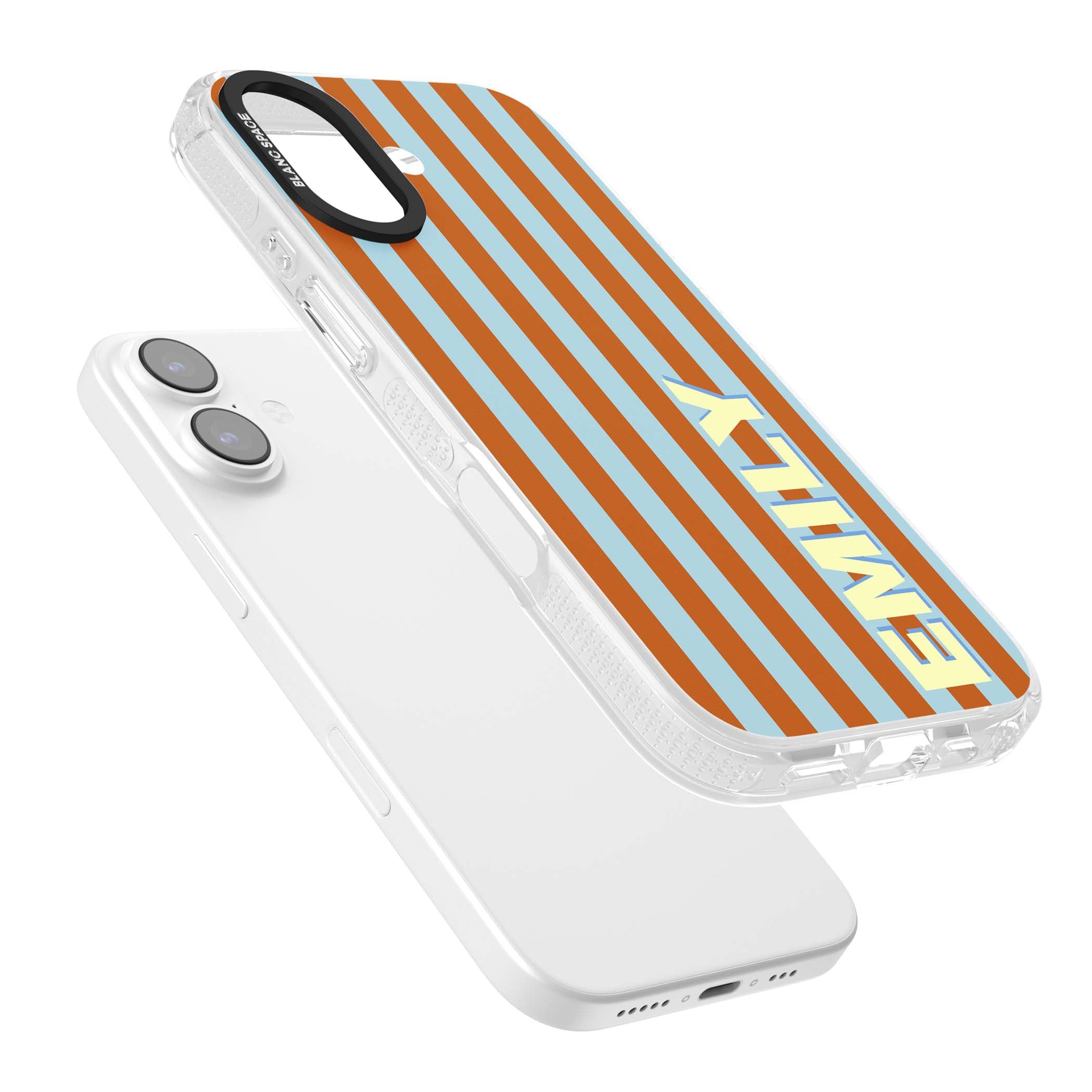Cappadocia Stripe personalised coastal iPhone case featuring blue and orange vertical stripes with custom cream name | Clear Case Impact Air case for iPhone 17