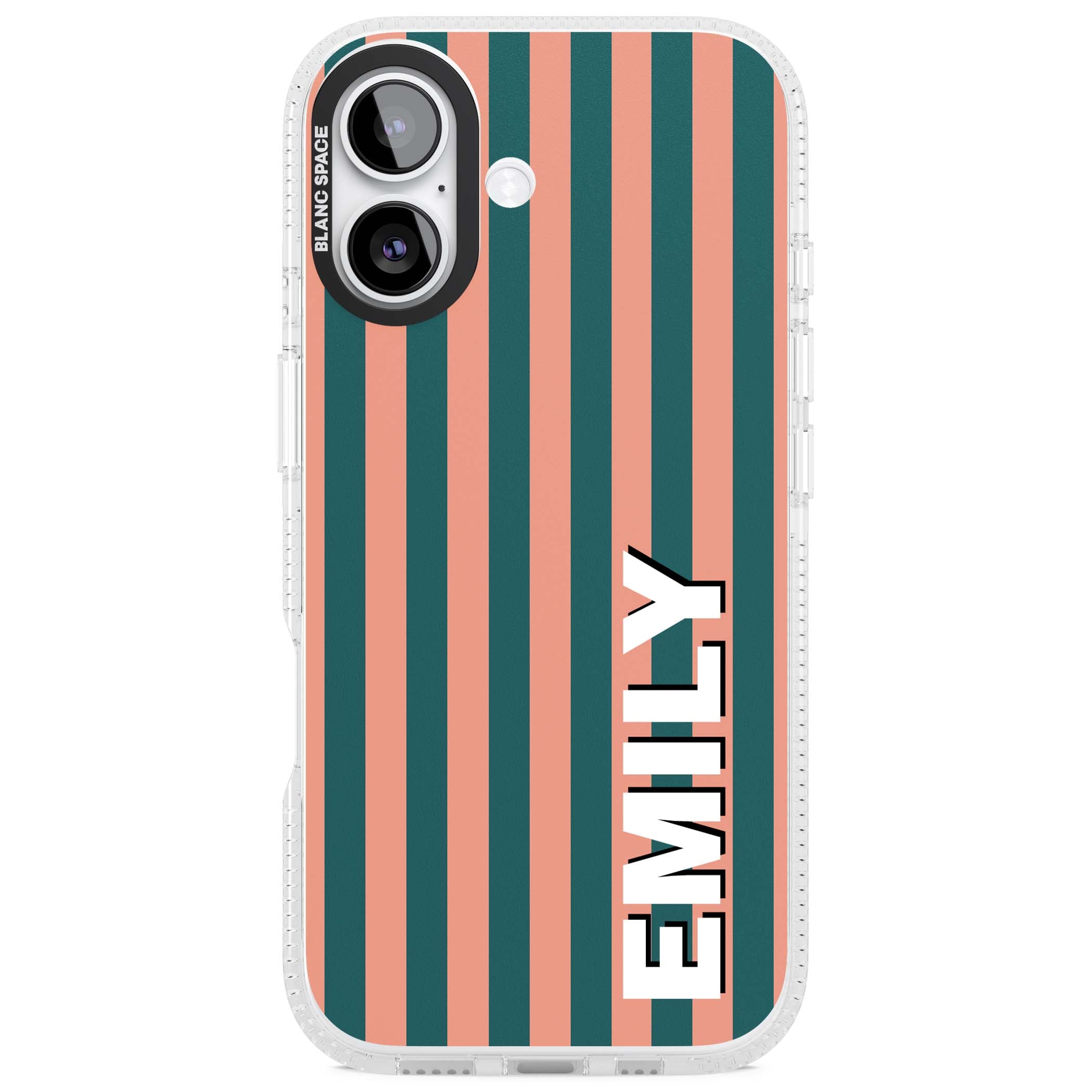 Tuscan Stripe personalised iPhone case featuring coral and green vertical stripes with bold custom name | Clear Case Impact Air case for iPhone 17