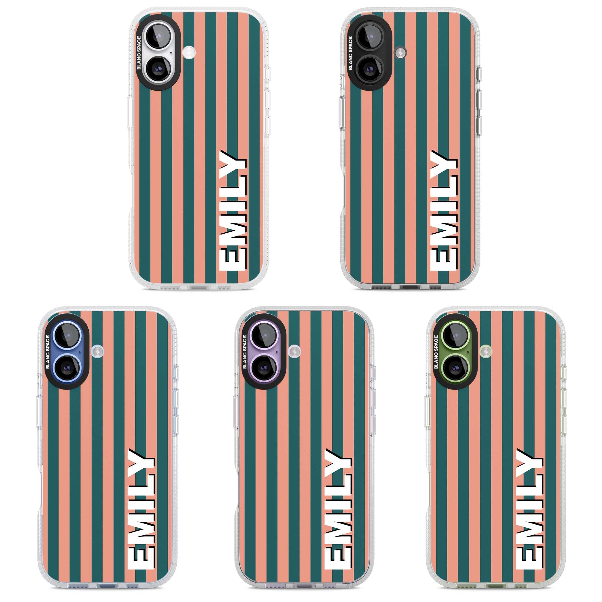 Tuscan Stripe personalised iPhone case featuring coral and green vertical stripes with bold custom name | Clear Case Impact Air case for iPhone 17