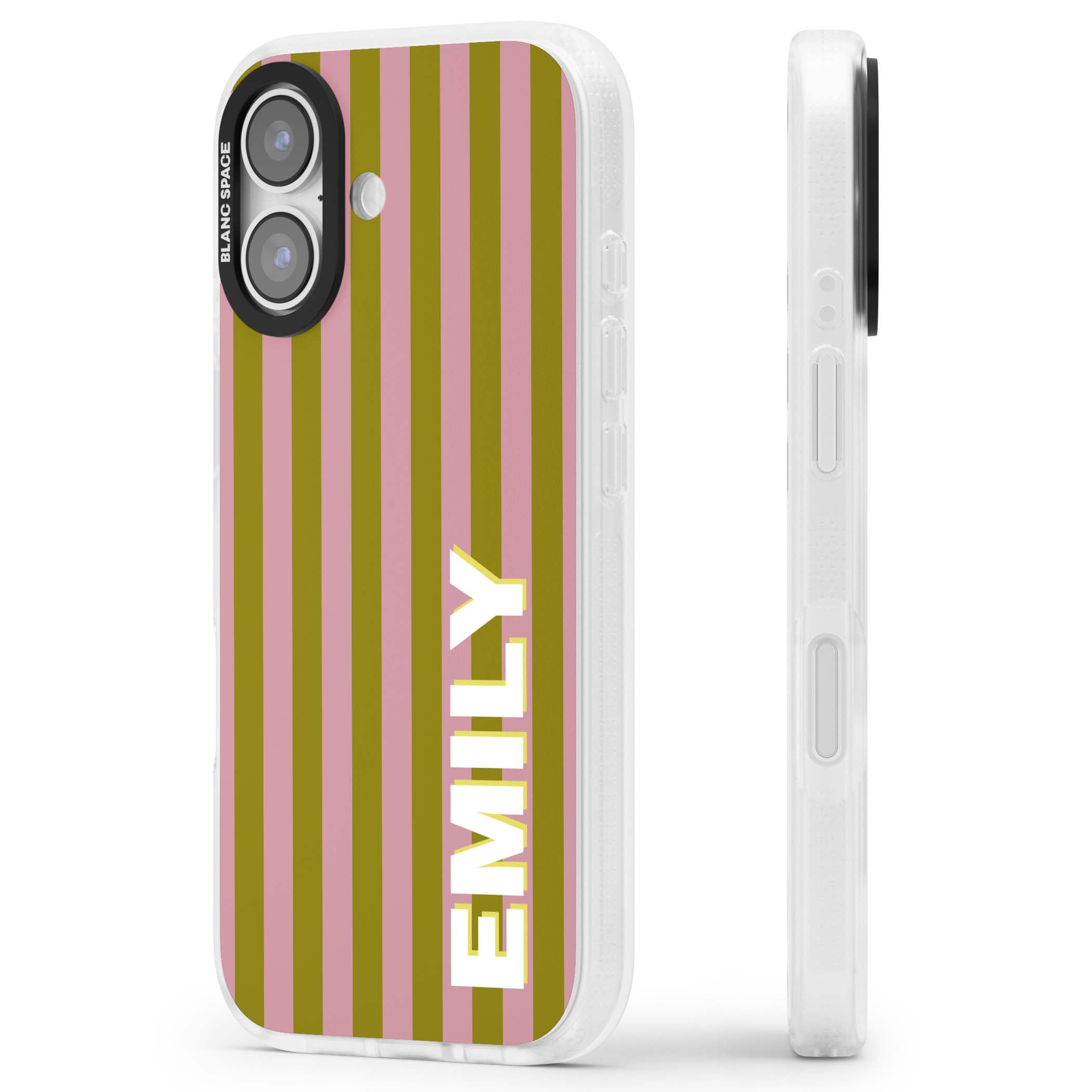 Istanbul Stripe personalised iPhone case featuring pink and olive green vertical stripes with a custom vertical name | Clear Case Impact Air case for iPhone 17