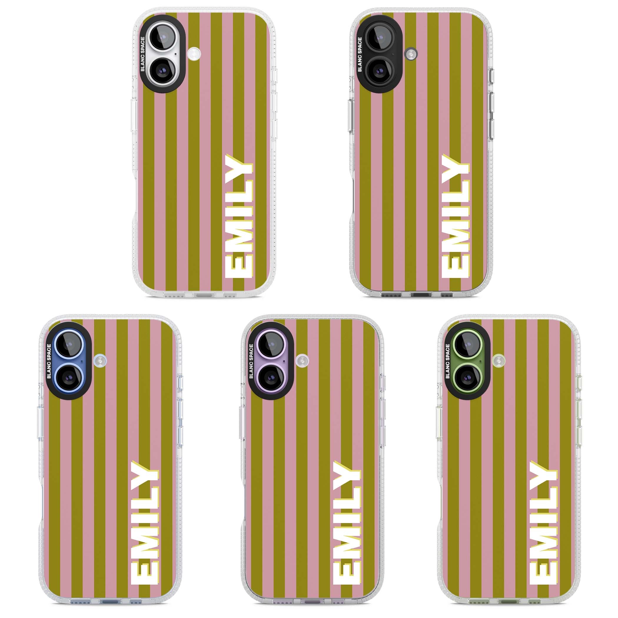 Istanbul Stripe personalised iPhone case featuring pink and olive green vertical stripes with a custom vertical name | Clear Case Impact Air case for iPhone 17