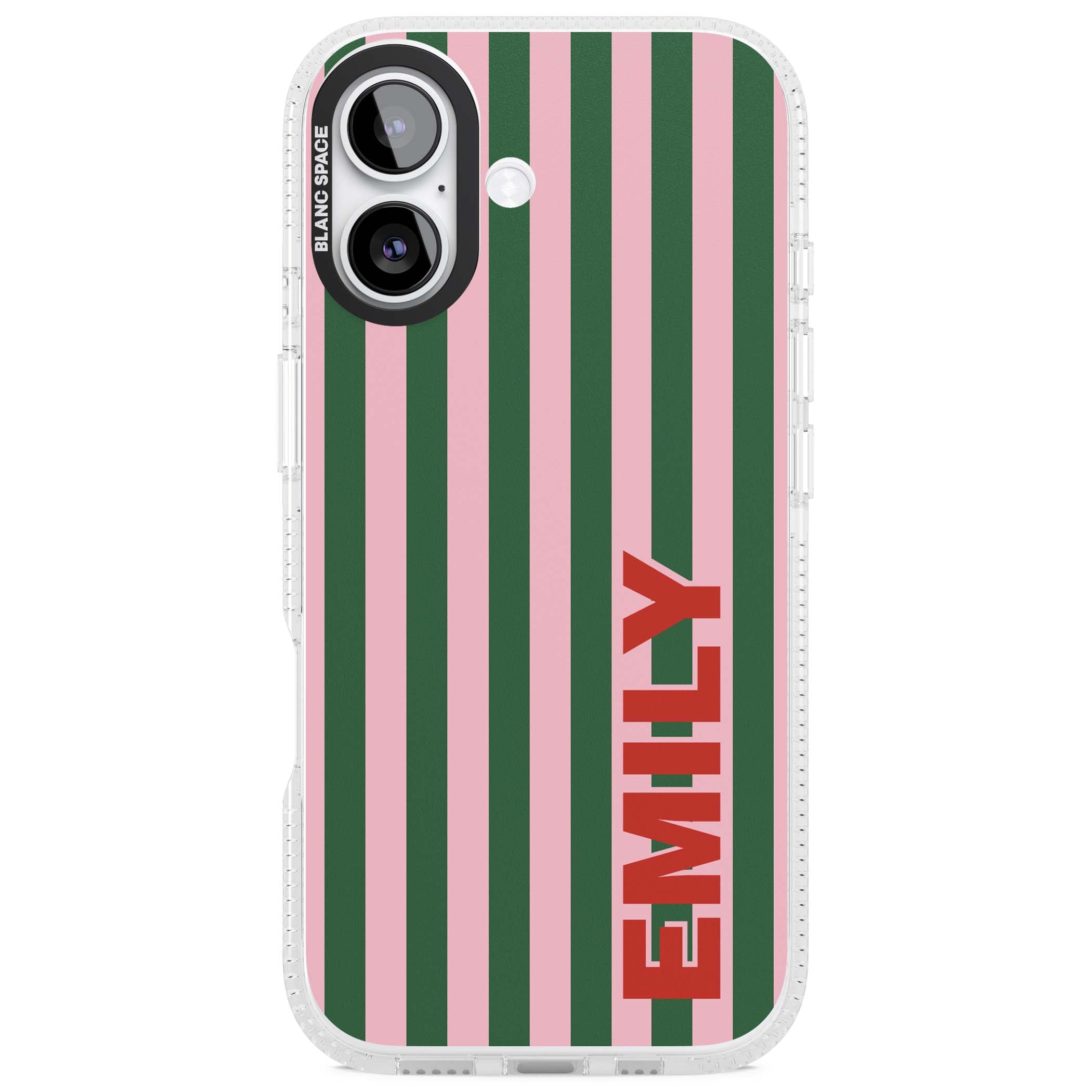 Italian Stripe preppy iPhone case featuring pink and green vertical stripes with personalised red name | Clear Case Impact Air case for iPhone 17