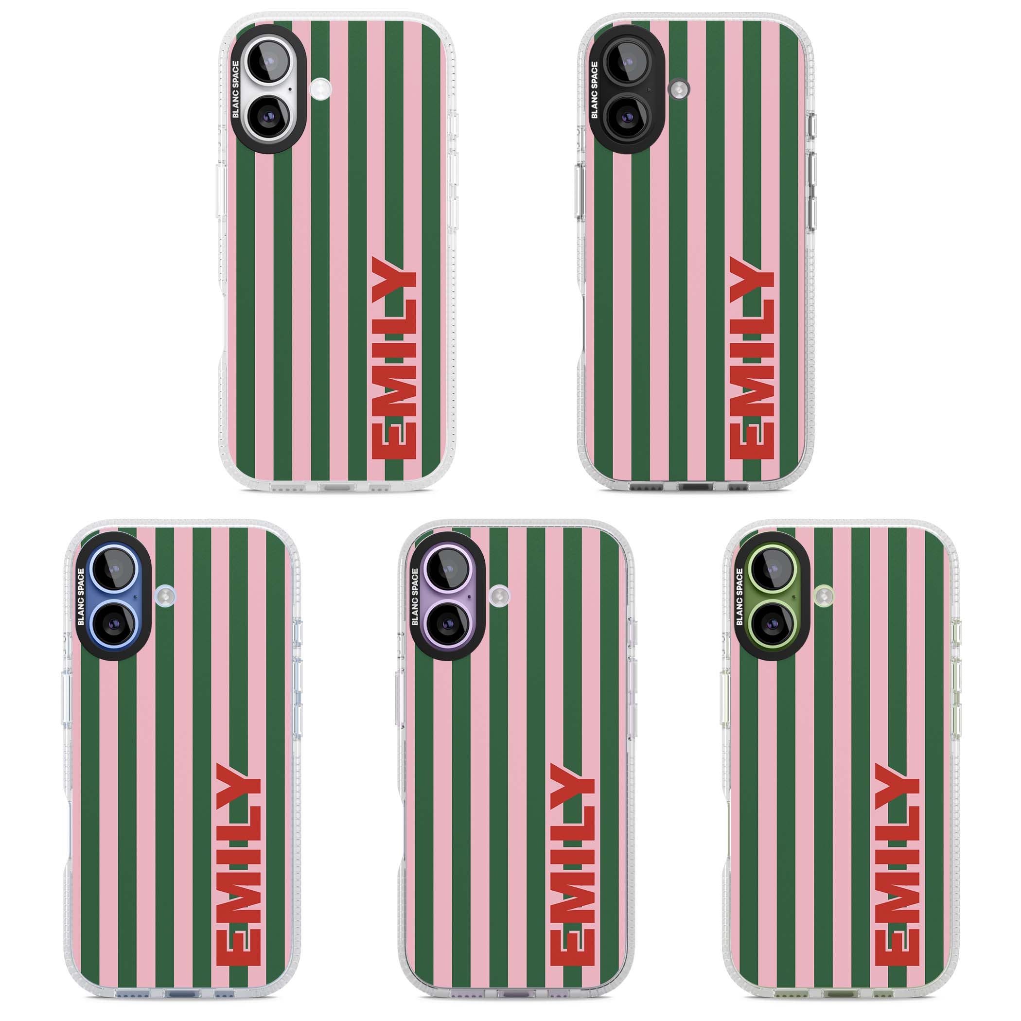 Italian Stripe preppy iPhone case featuring pink and green vertical stripes with personalised red name | Clear Case Impact Air case for iPhone 17