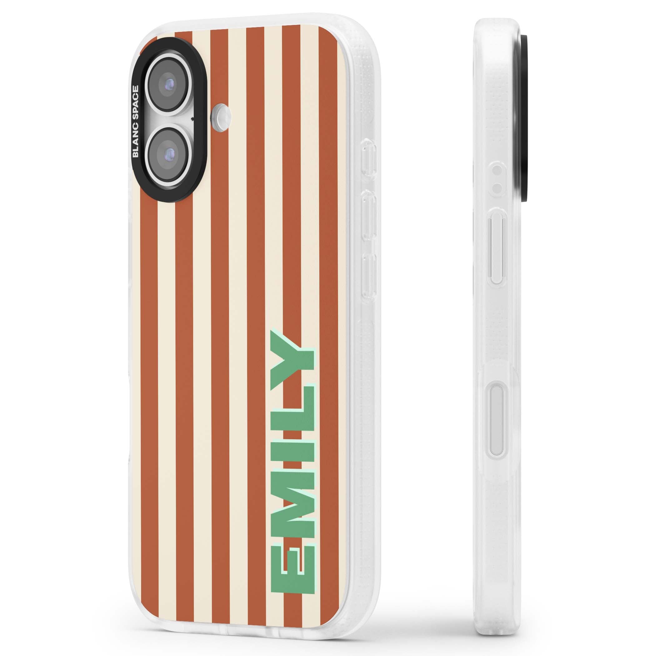 Dune Stripe personalised iPhone case with rust and cream vertical stripes and custom name in mint green | Clear Case Impact Air case for iPhone 17