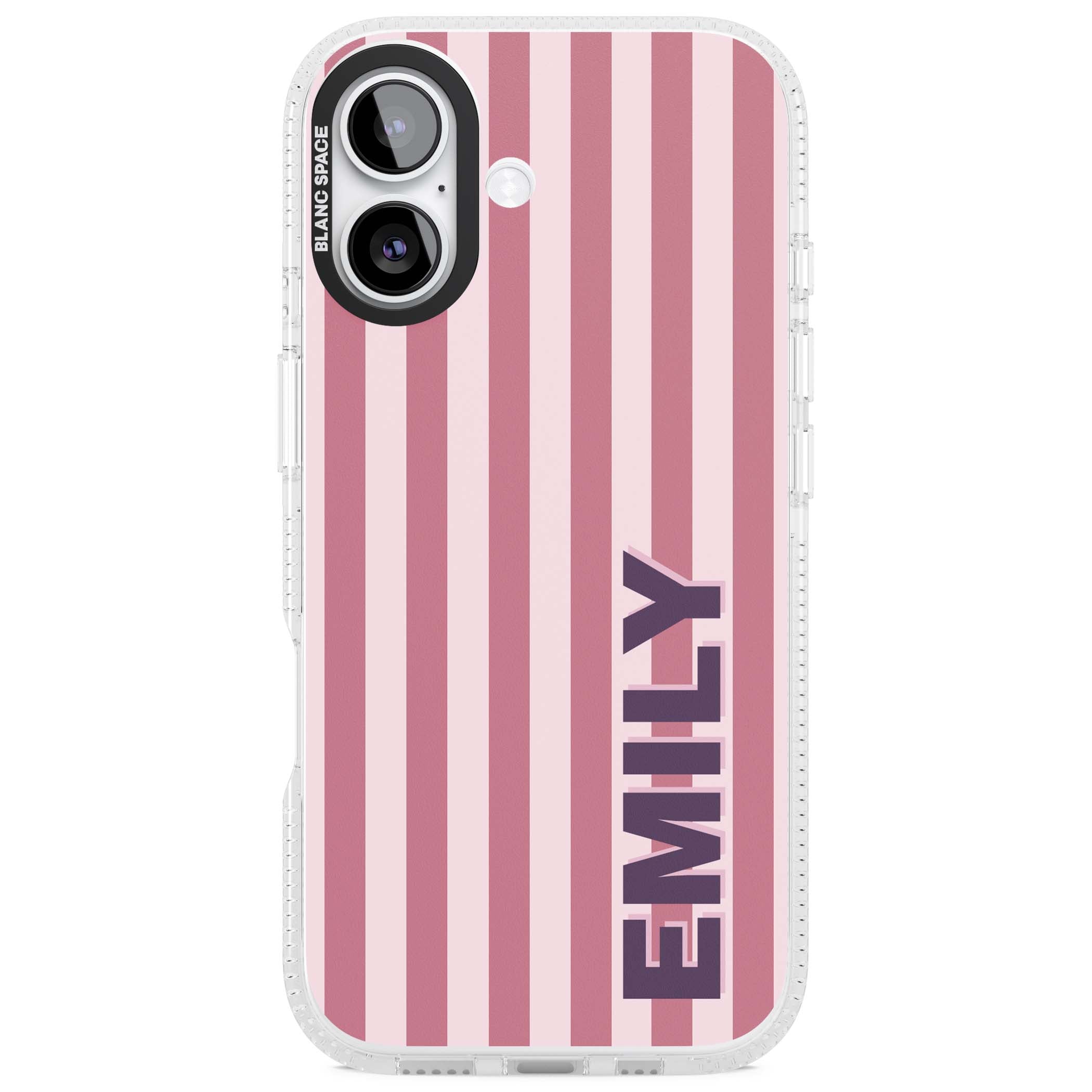Victoria Stripe personalised iPhone case featuring pink vertical stripes and custom name in bold plum lettering | Clear Case Impact Air case for iPhone 17