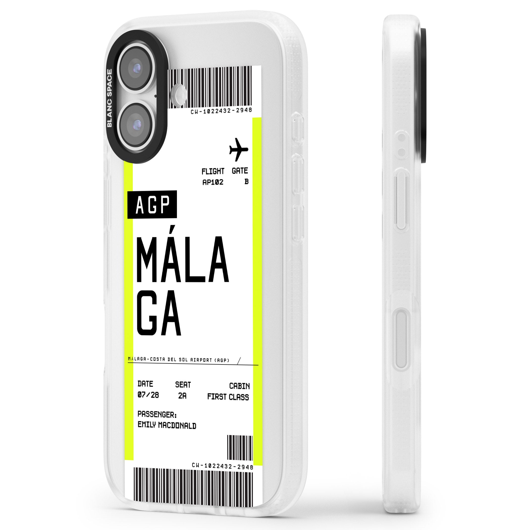 Personalised Málaga Boarding Pass iPhone 17 Impact Air Clear Phone Case Side Profile