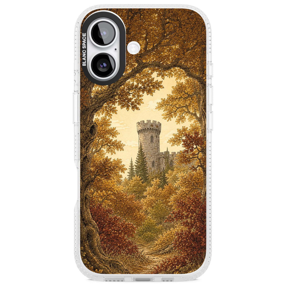 Autumn Keep cottagecore iPhone case featuring a medieval castle tower framed by golden autumn trees and woodland foliage | Clear Case Impact Air case for iPhone 17
