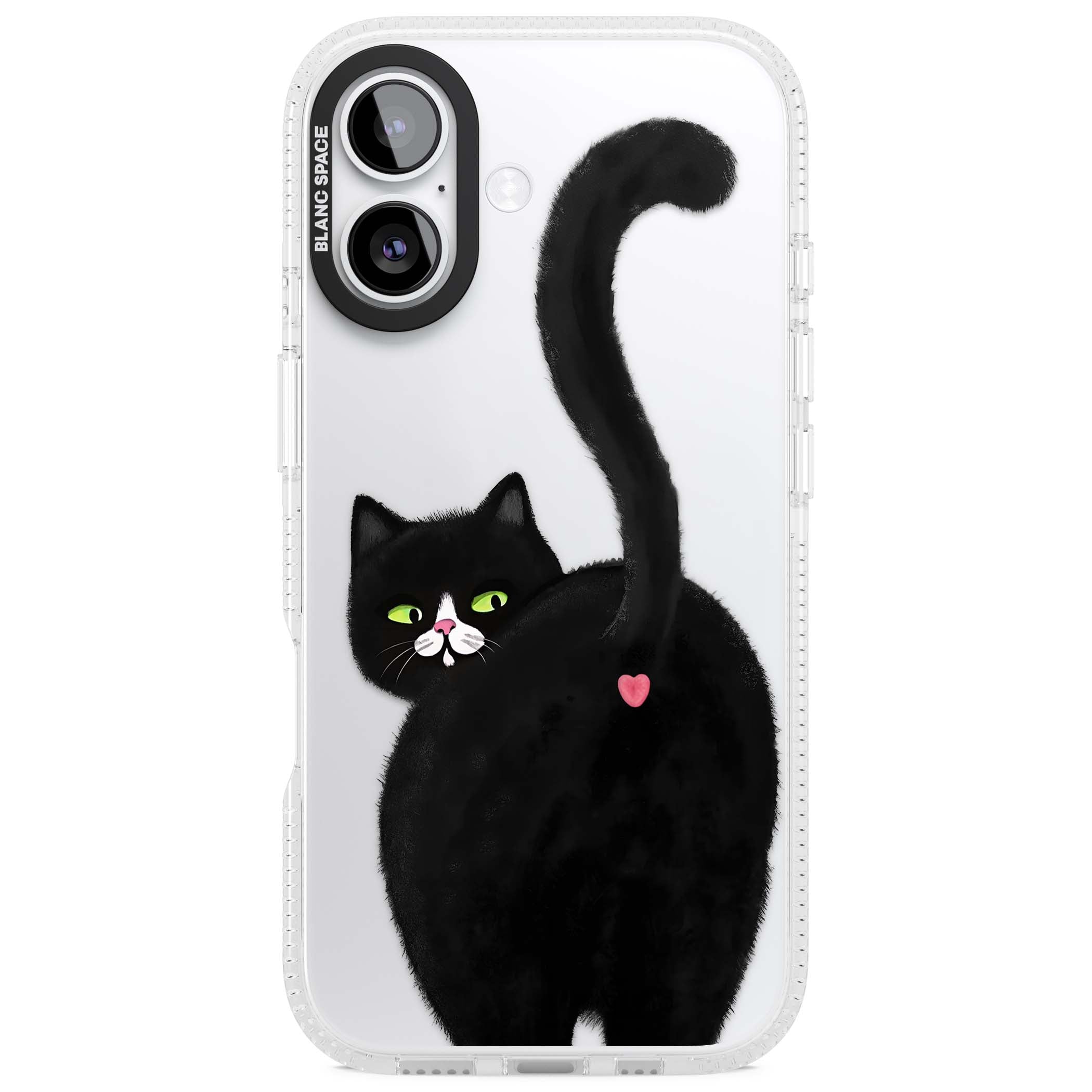 The Cat's Kiss cute cat iPhone case featuring a hand-painted tuxedo kitty with green eyes and a pink heart on a clear  | Clear Case Impact Air case for iPhone 17