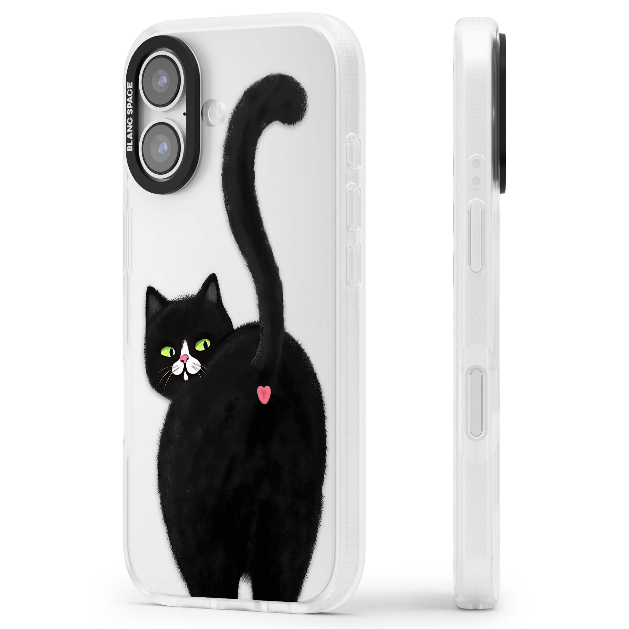 The Cat's Kiss cute cat iPhone case featuring a hand-painted tuxedo kitty with green eyes and a pink heart on a clear  | Clear Case Impact Air case for iPhone 17