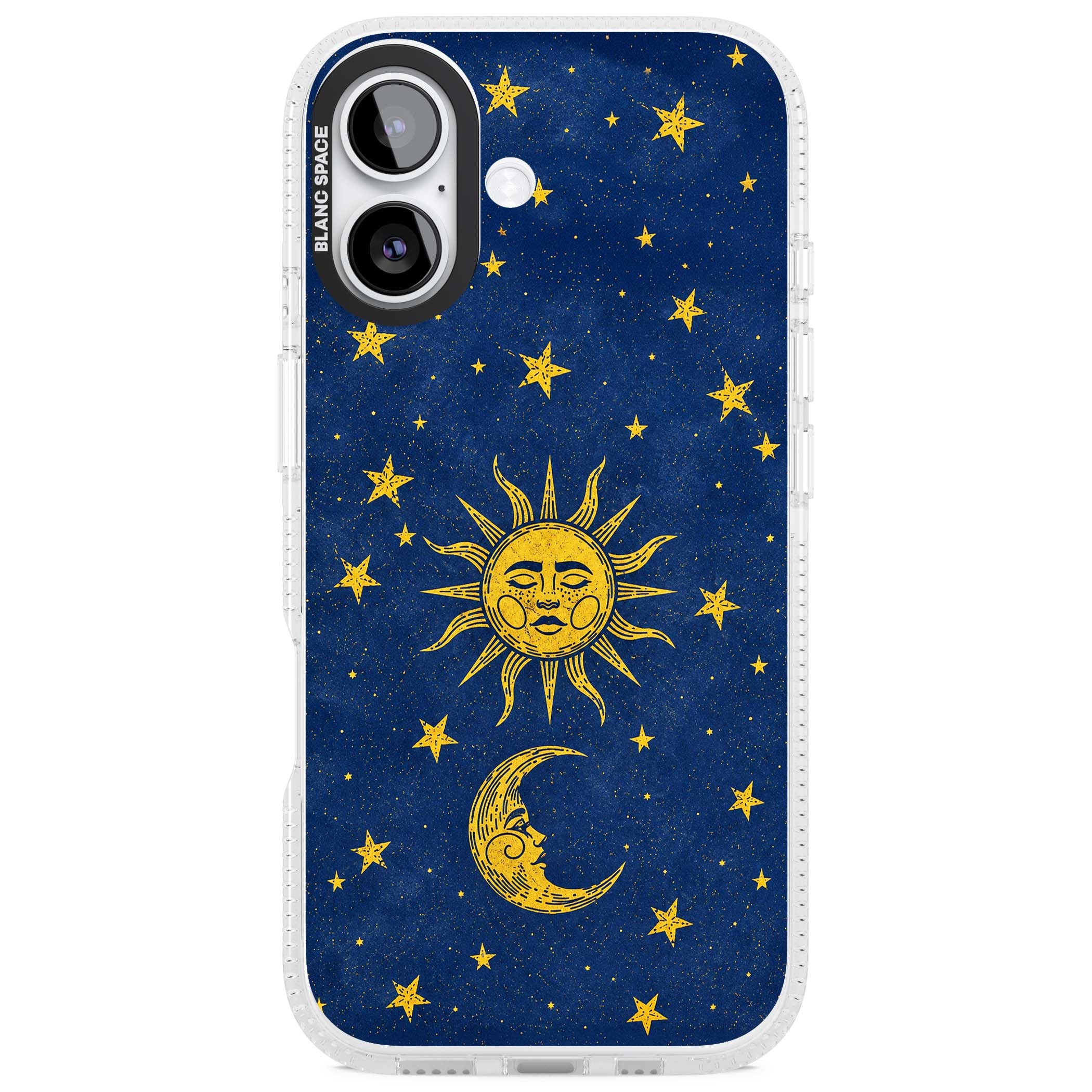 Sun & Moon Reverie celestial iPhone case featuring a vintage golden sun, crescent moon and scattered stars on midnight blue | Clear Case Impact Air case for iPhone 17