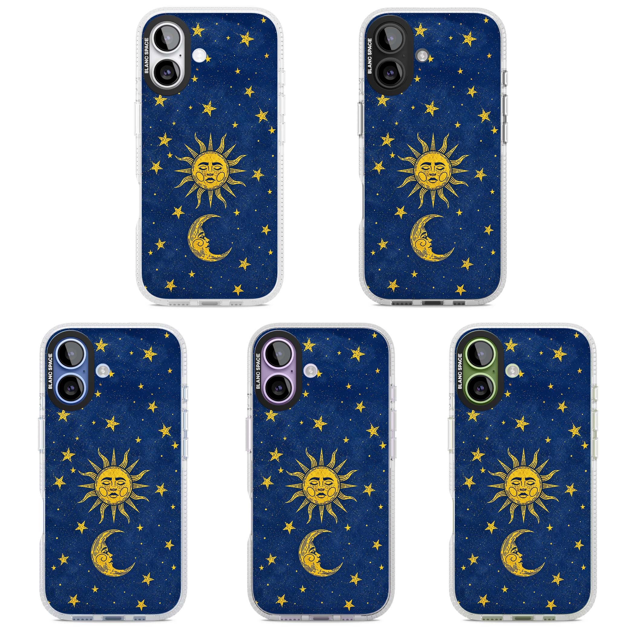 Sun & Moon Reverie celestial iPhone case featuring a vintage golden sun, crescent moon and scattered stars on midnight blue | Clear Case Impact Air case for iPhone 17