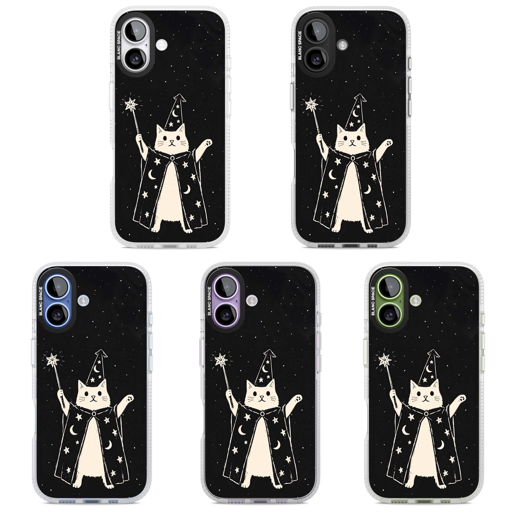 Whisker Wizard celestial cat iPhone case featuring a wizard cat with magic wand, starry night sky and crescent moons | Clear Case Impact Air case for iPhone 17