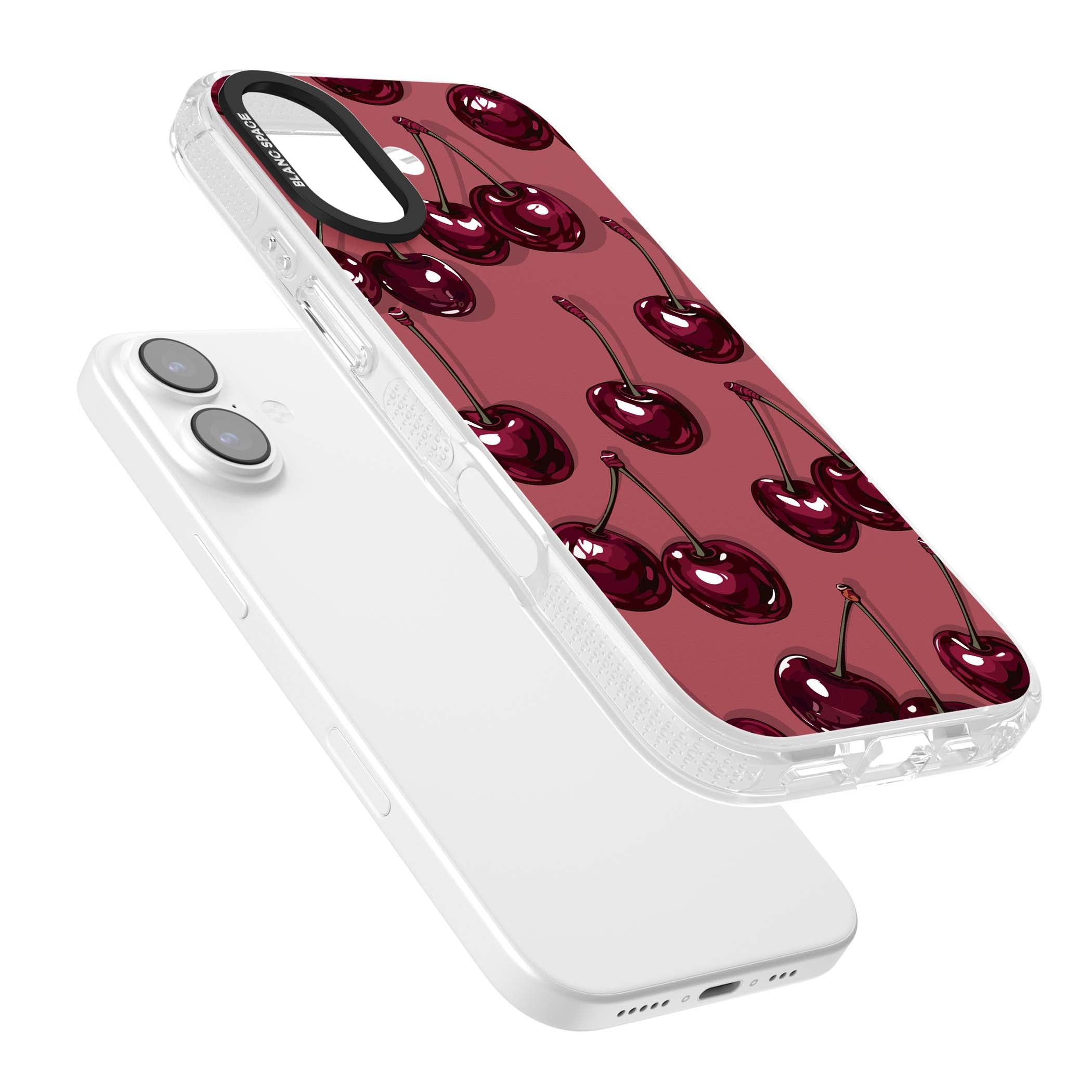 Cherry Rebel coquette iPhone case featuring glossy burgundy cherries on a dusty rose background | Clear Case Impact Air case for iPhone 17