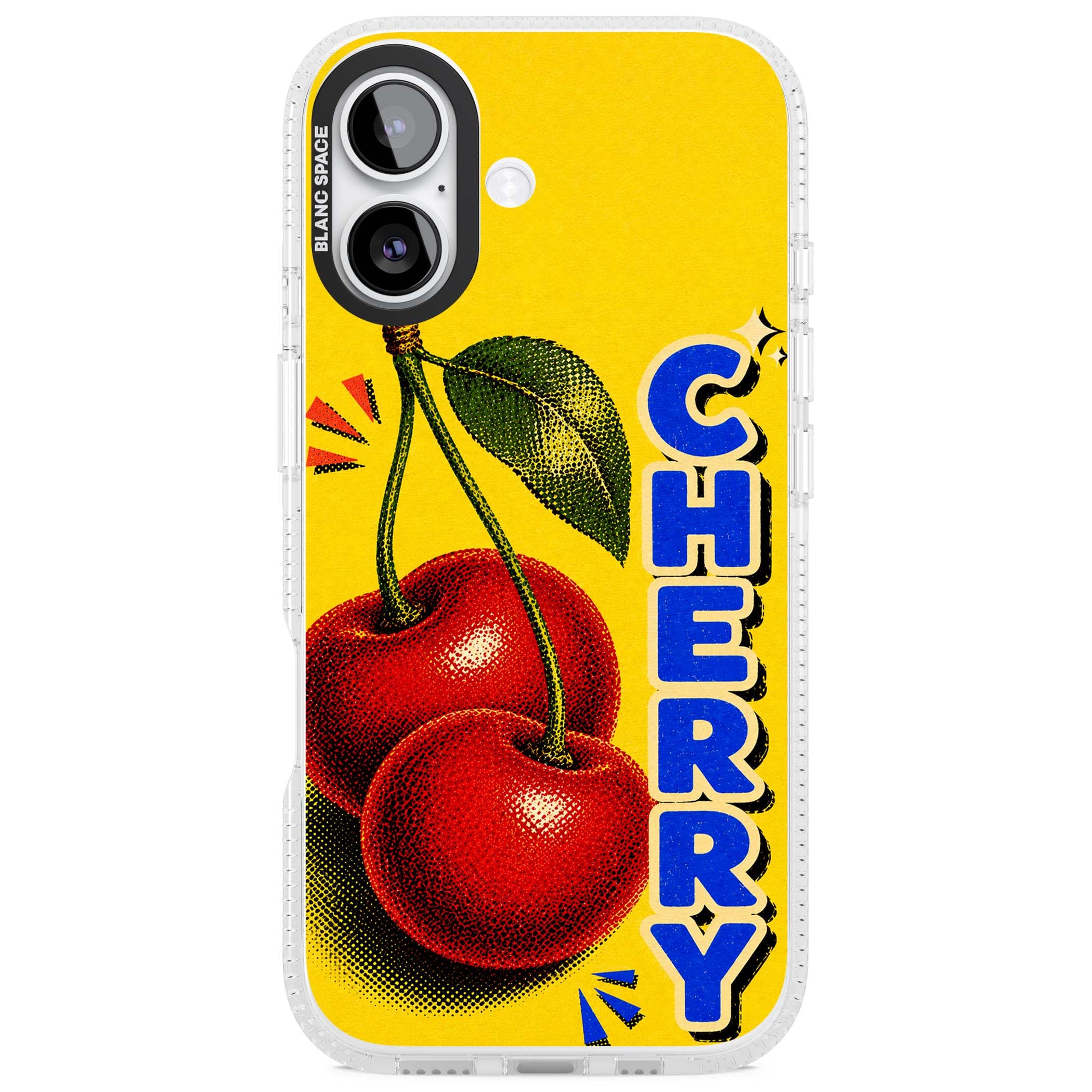 Cherry Yellow y2k iPhone case featuring two red cherries, halftone shading and bold blue CHERRY lettering on yellow | Clear Case Impact Air case for iPhone 17