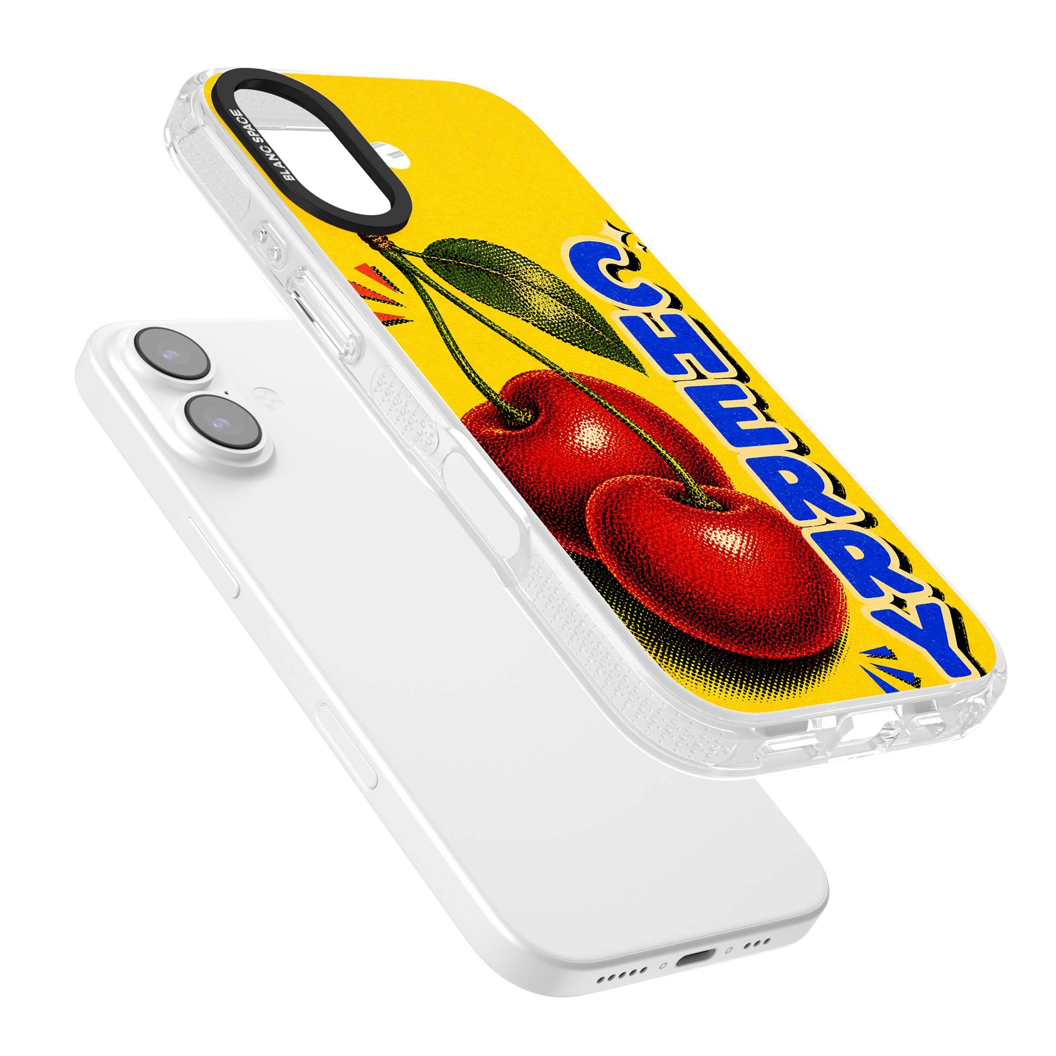 Cherry Yellow y2k iPhone case featuring two red cherries, halftone shading and bold blue CHERRY lettering on yellow | Clear Case Impact Air case for iPhone 17