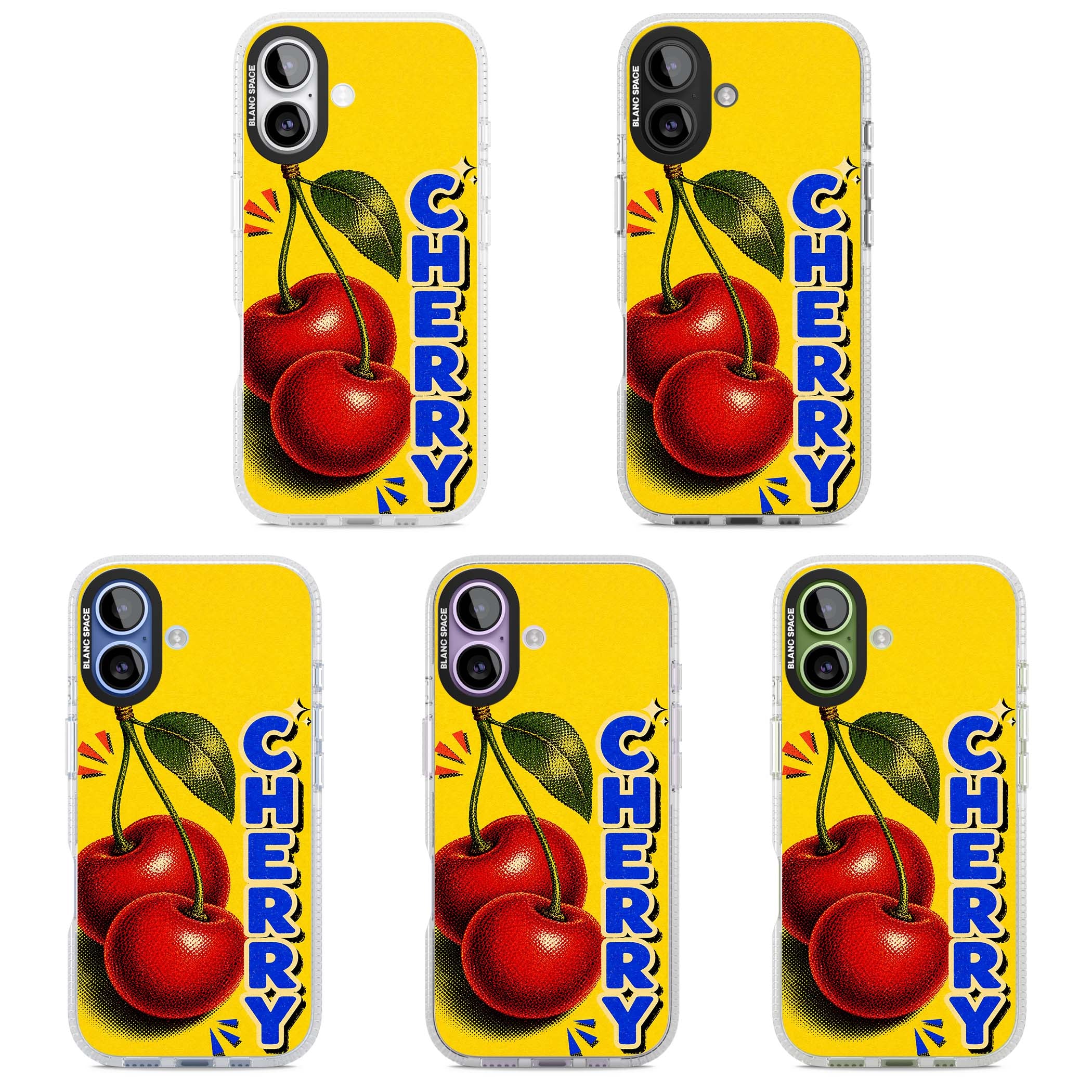 Cherry Yellow y2k iPhone case featuring two red cherries, halftone shading and bold blue CHERRY lettering on yellow | Clear Case Impact Air case for iPhone 17