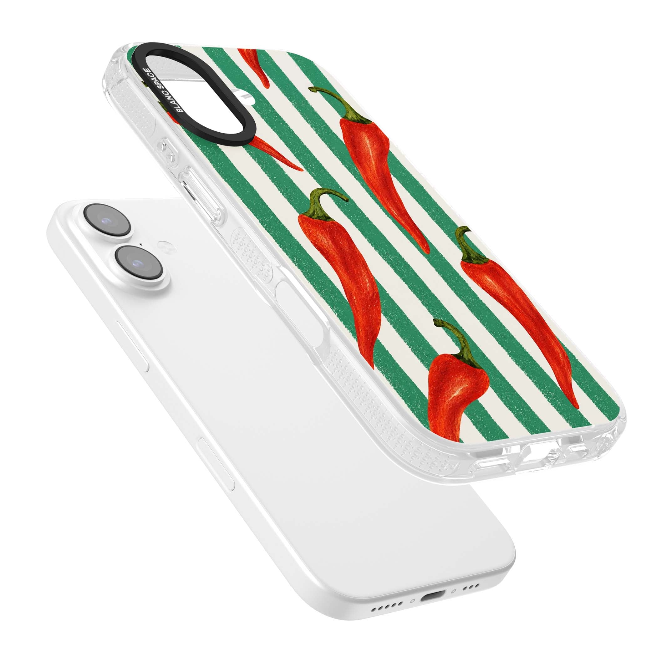Striped Chillis coastal iPhone case featuring hand-painted red chili peppers on green and cream stripes | Clear Case Impact Air case for iPhone 17