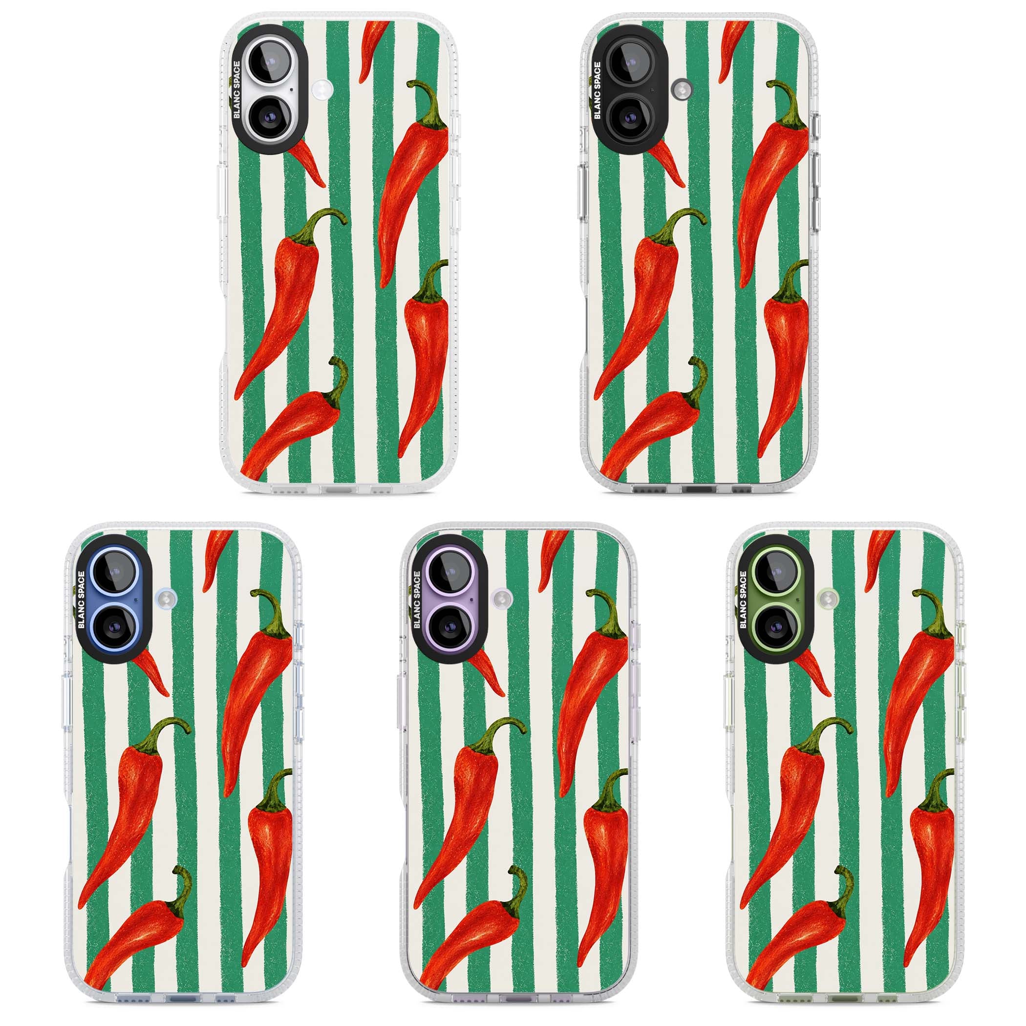 Striped Chillis coastal iPhone case featuring hand-painted red chili peppers on green and cream stripes | Clear Case Impact Air case for iPhone 17