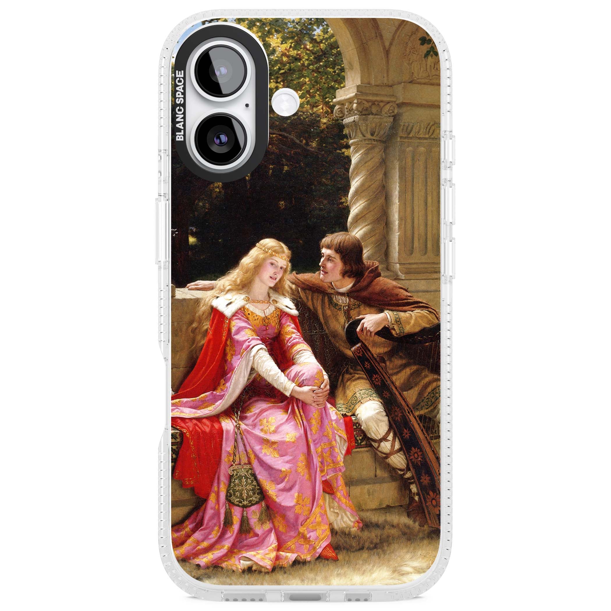 The End of the Song classic art iPhone case featuring a medieval lady in pink gown and her knight in a stone archway | Clear Case Impact Air case for iPhone 17