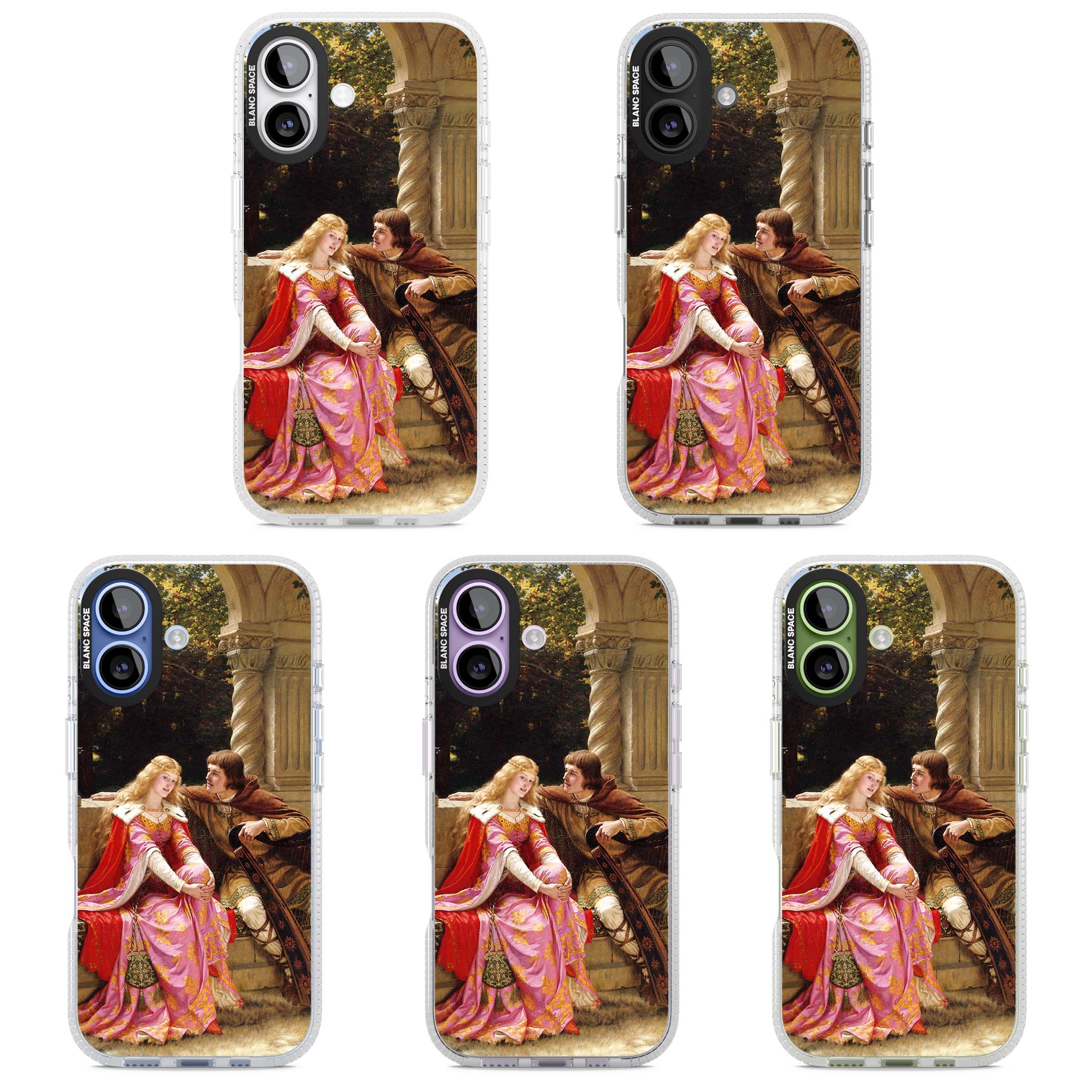 The End of the Song classic art iPhone case featuring a medieval lady in pink gown and her knight in a stone archway | Clear Case Impact Air case for iPhone 17