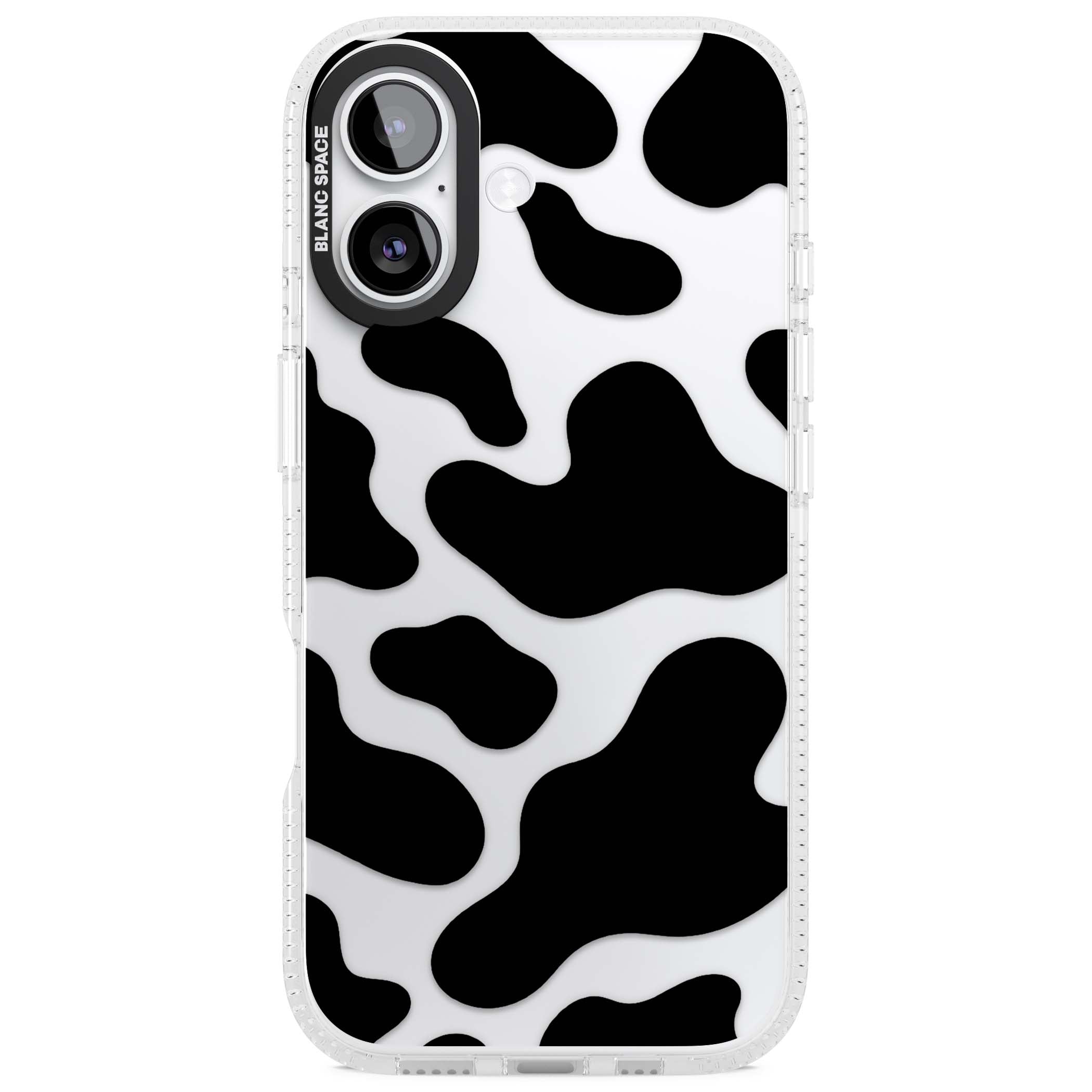 Clear Cow Print cow print iPhone case featuring black and white cow pattern splotches on a clear background | Clear Case Impact Air case for iPhone 17