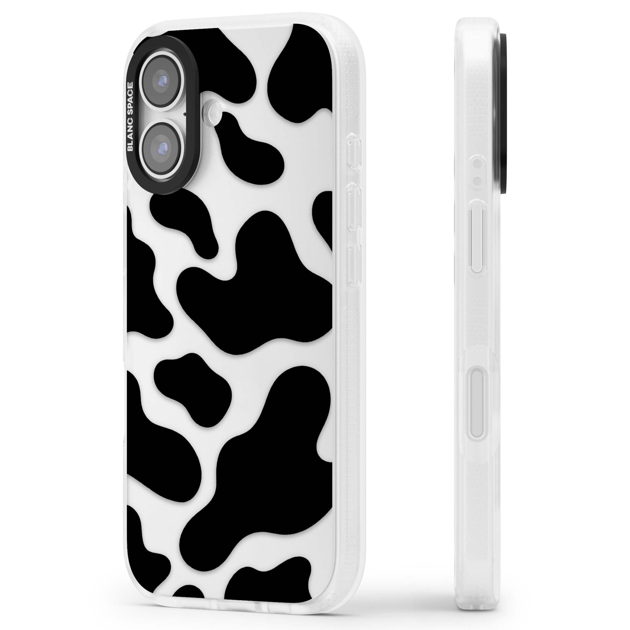Clear Cow Print cow print iPhone case featuring black and white cow pattern splotches on a clear background | Clear Case Impact Air case for iPhone 17