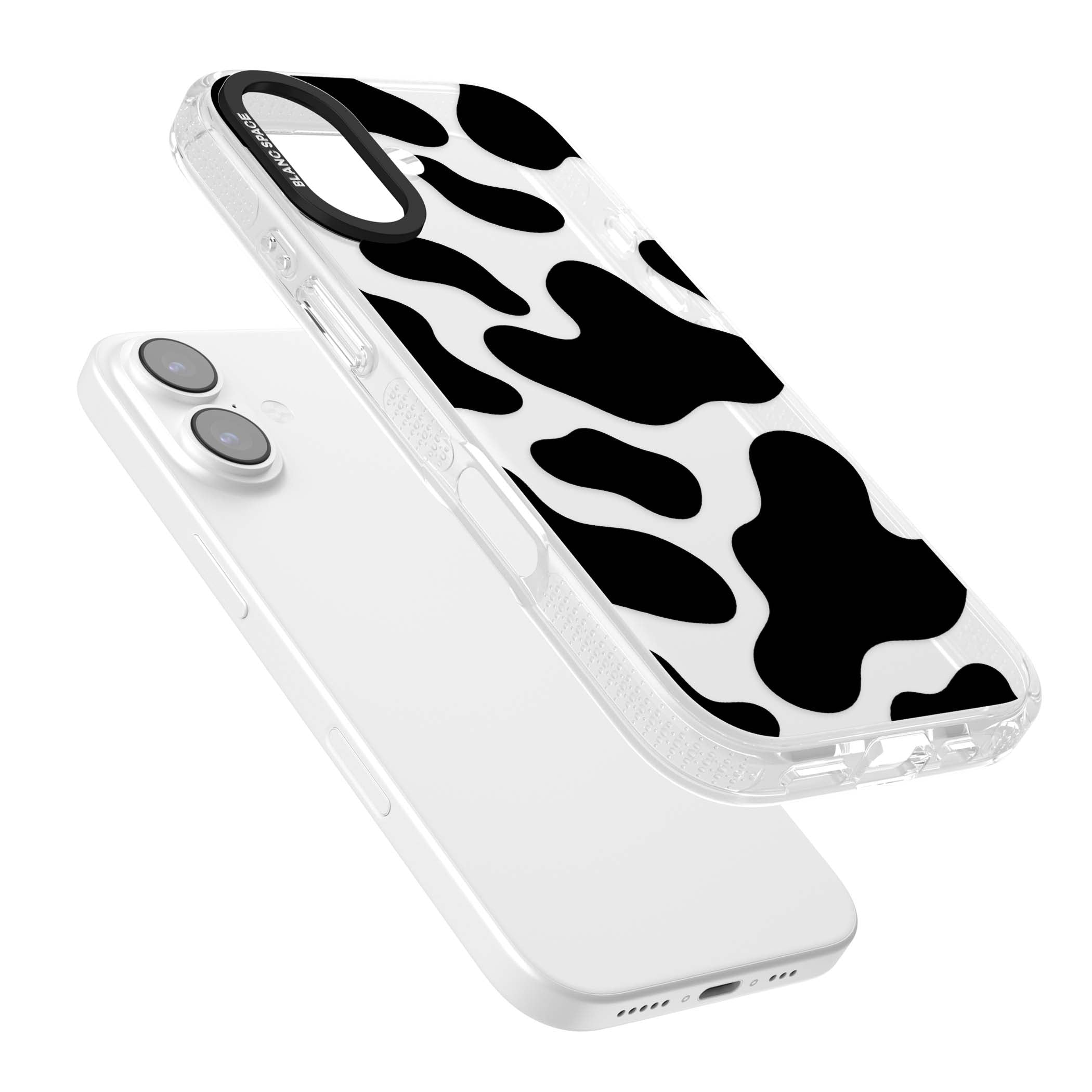 Clear Cow Print cow print iPhone case featuring black and white cow pattern splotches on a clear background | Clear Case Impact Air case for iPhone 17