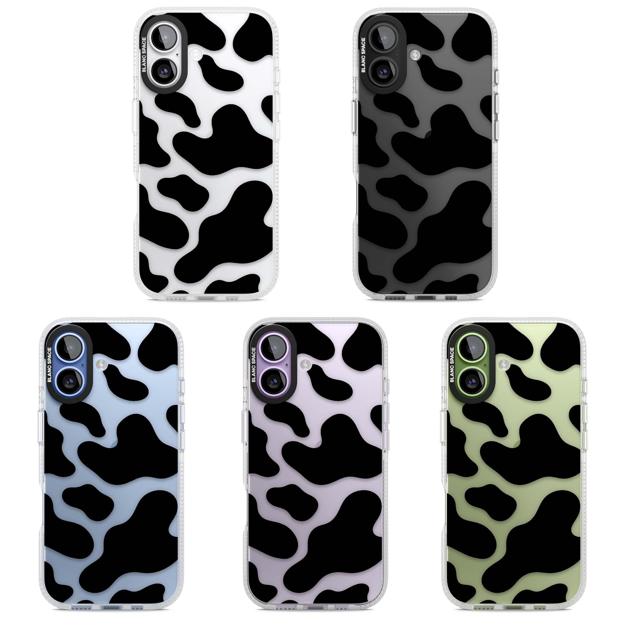 Clear Cow Print cow print iPhone case featuring black and white cow pattern splotches on a clear background | Clear Case Impact Air case for iPhone 17