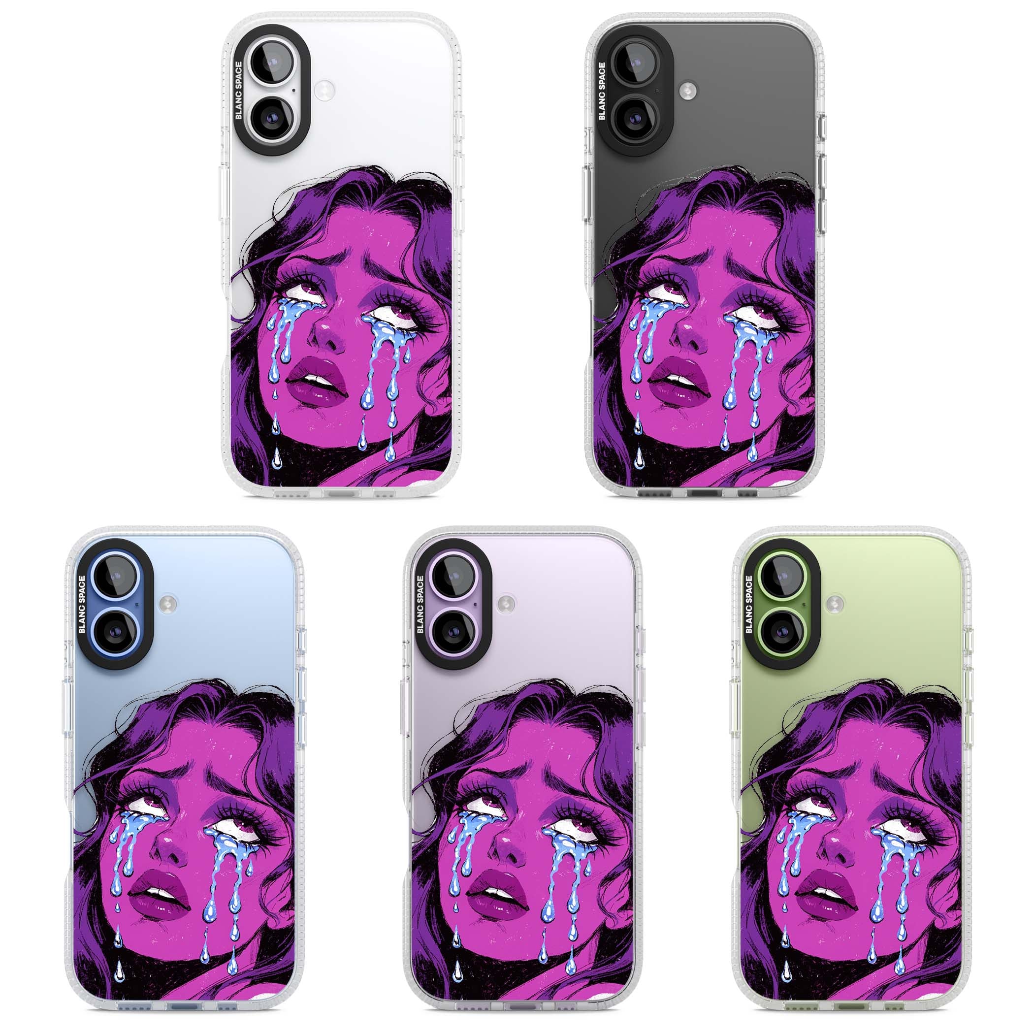 Drama Queen pop art iPhone case featuring a purple crying comic girl with blue tears | Clear Case Impact Air case for iPhone 17