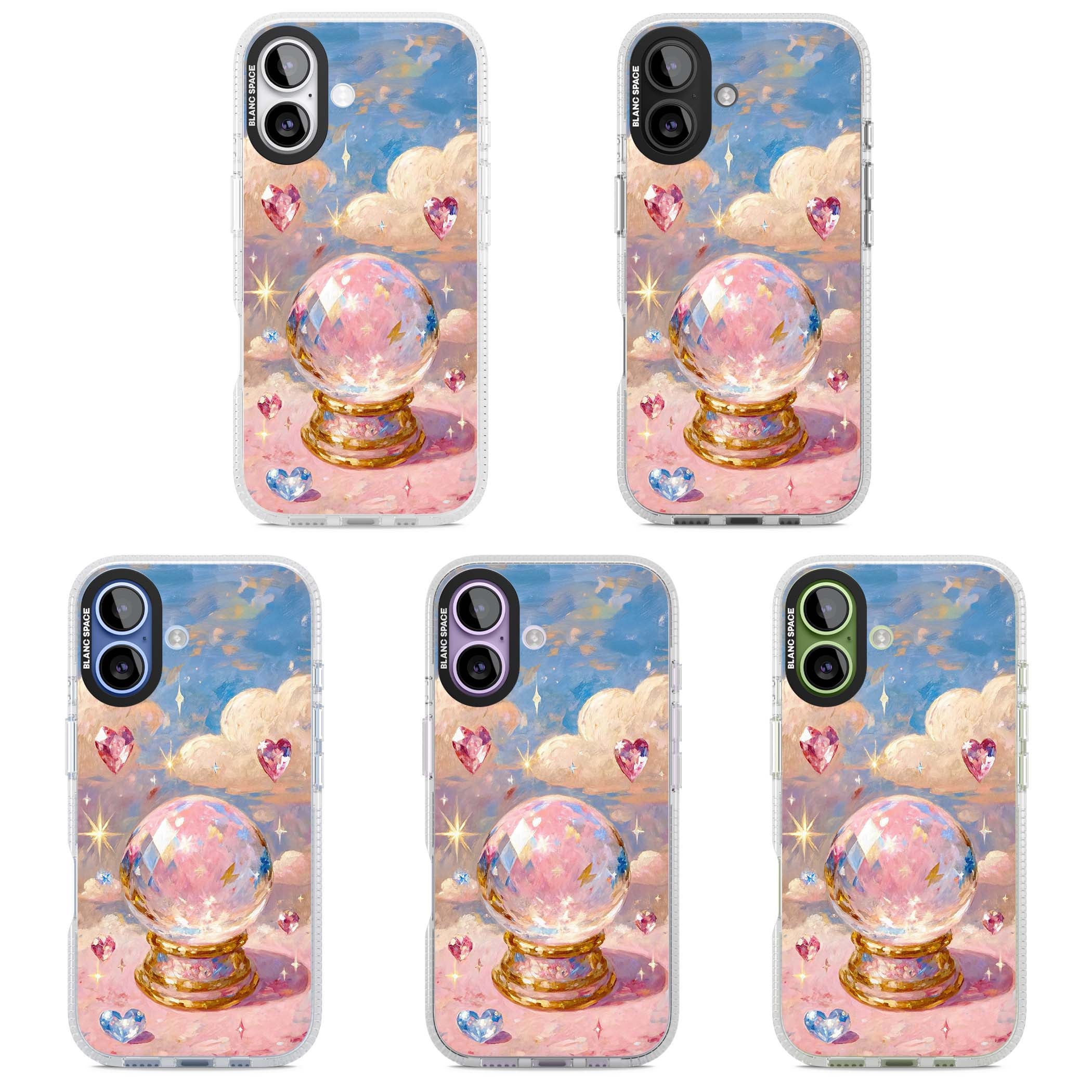 Crystal Ball fairycore iPhone case featuring a painted crystal ball, heart gemstones, and pastel clouds | Clear Case Impact Air case for iPhone 17