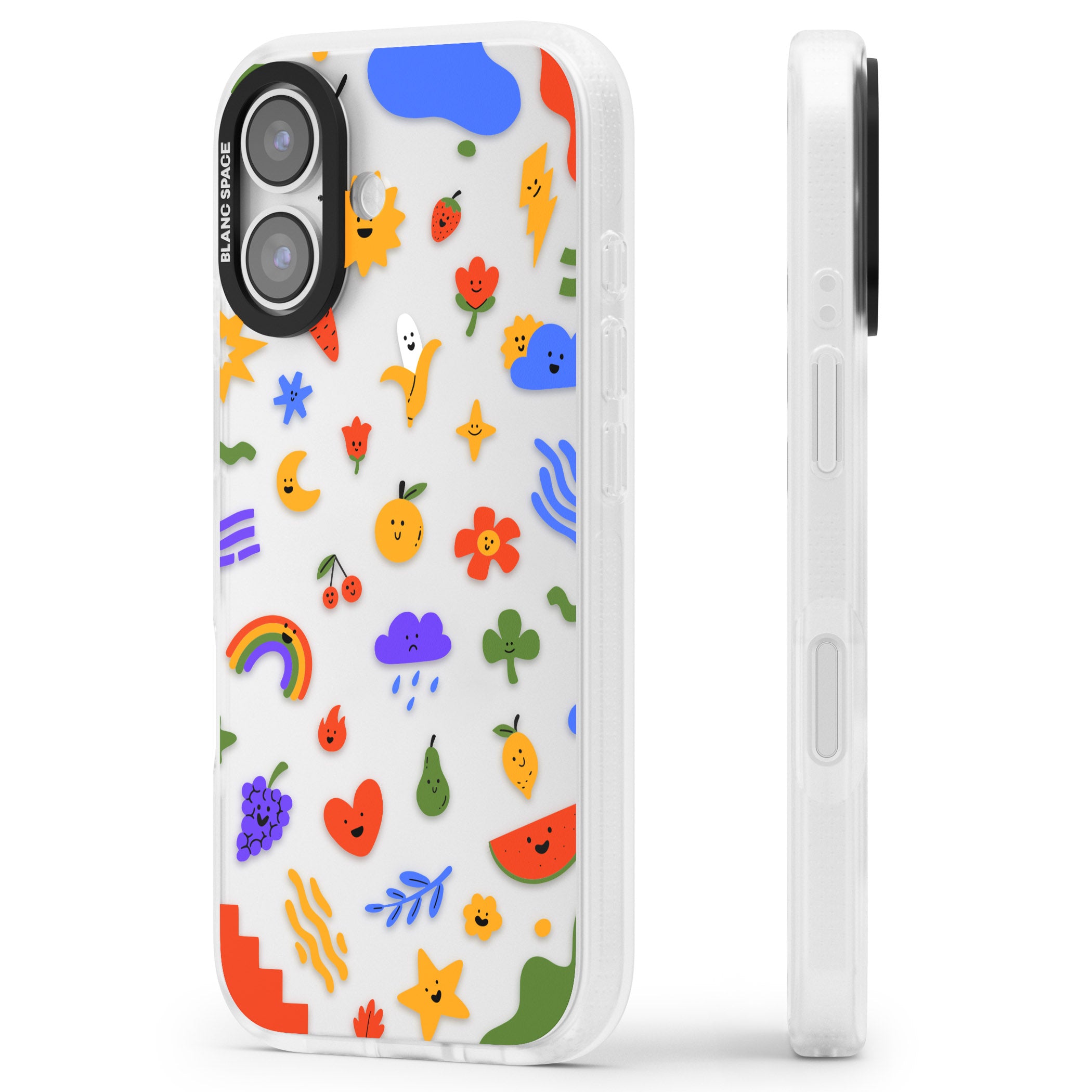 Quirky Cute Icon Pattern iPhone 17 Impact Air Clear Phone Case Side Profile