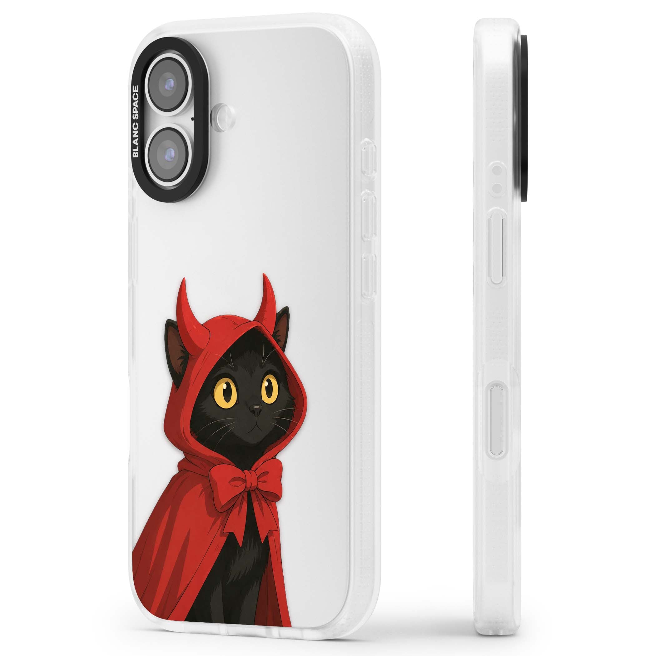 Little Devil halloween iPhone case featuring a black cat in a red hooded devil cloak with horns and golden eyes | Clear Case Impact Air case for iPhone 17