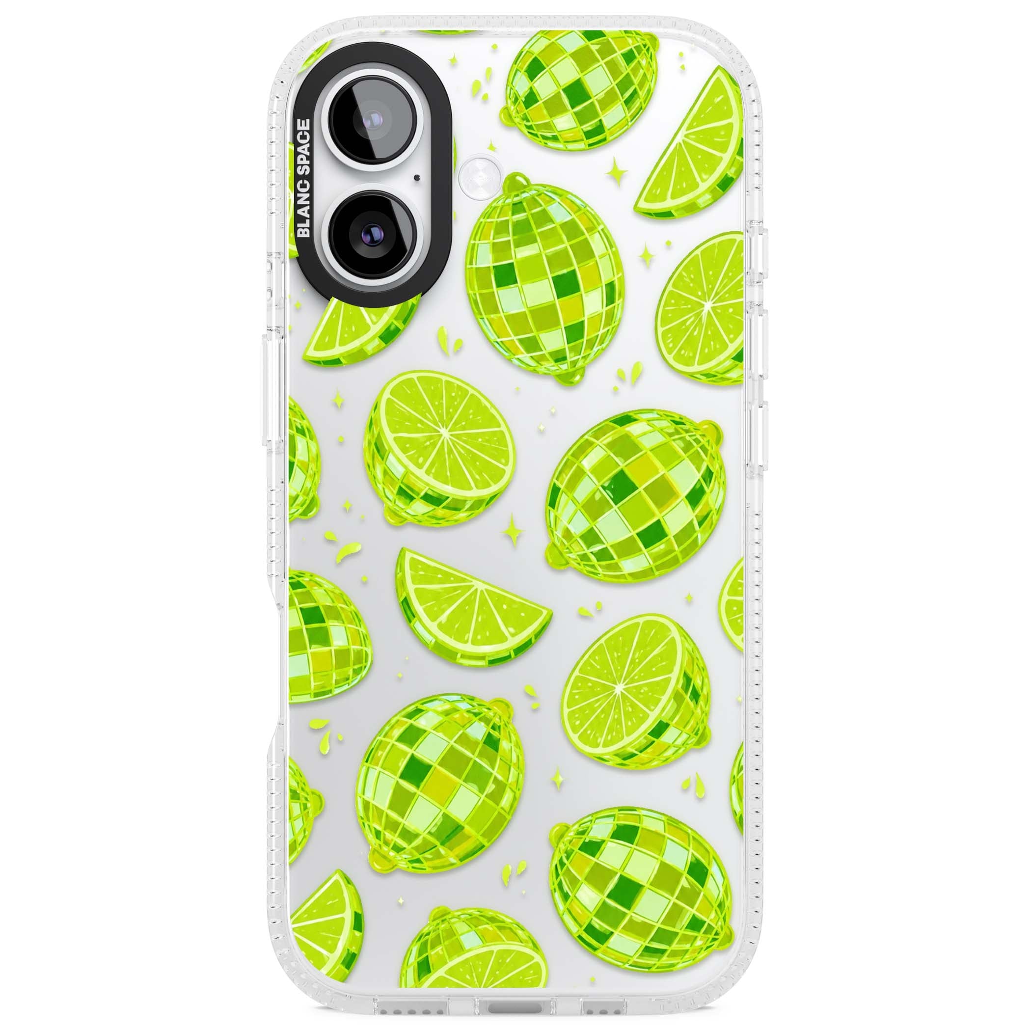 Disco Limes fruit aesthetic iPhone case featuring green disco balls, lime slices and citrus sparkles | Clear Case Impact Air case for iPhone 17