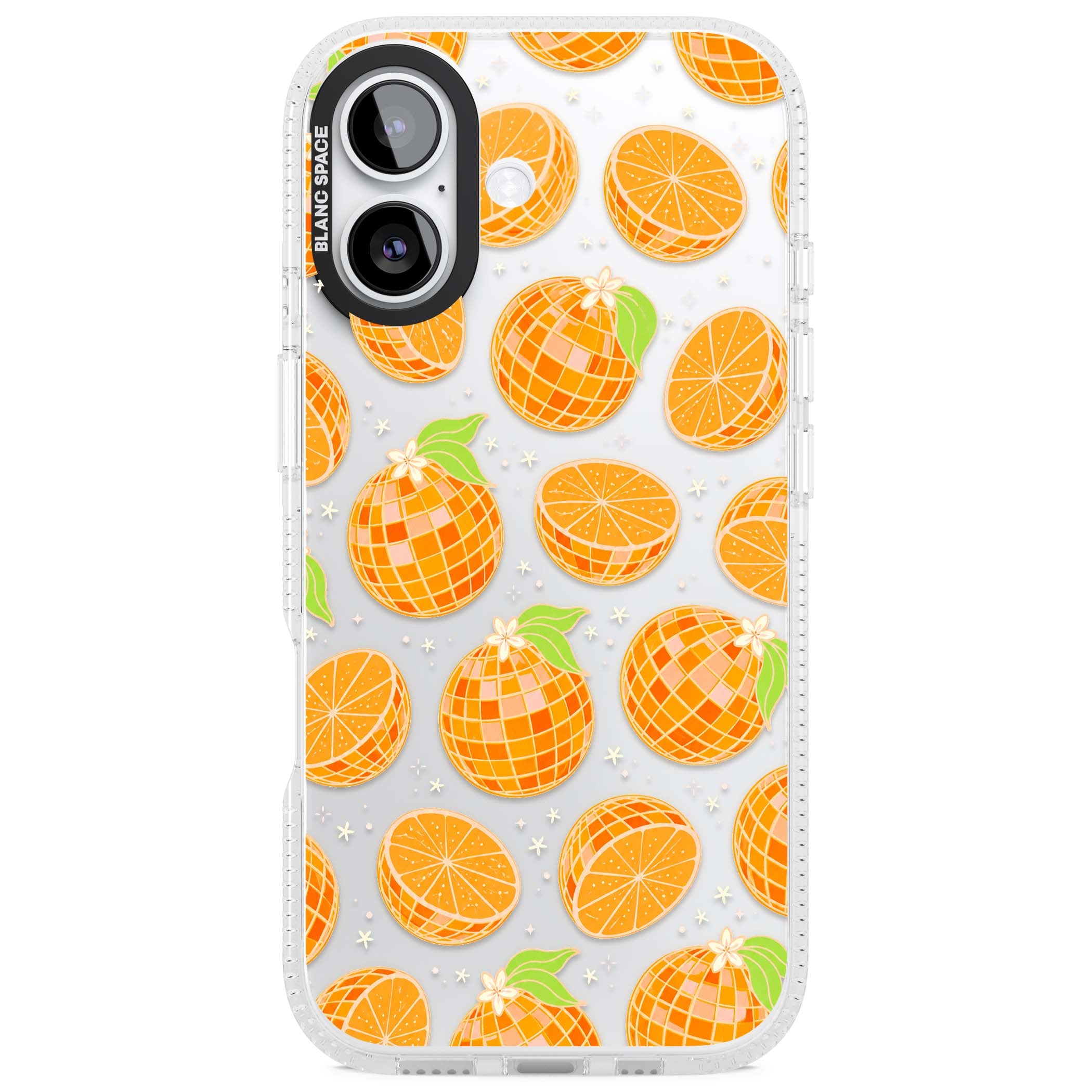Disco Oranges retro iPhone case featuring mirrorball oranges, citrus slices and tiny blossoms on clear | Clear Case Impact Air case for iPhone 17