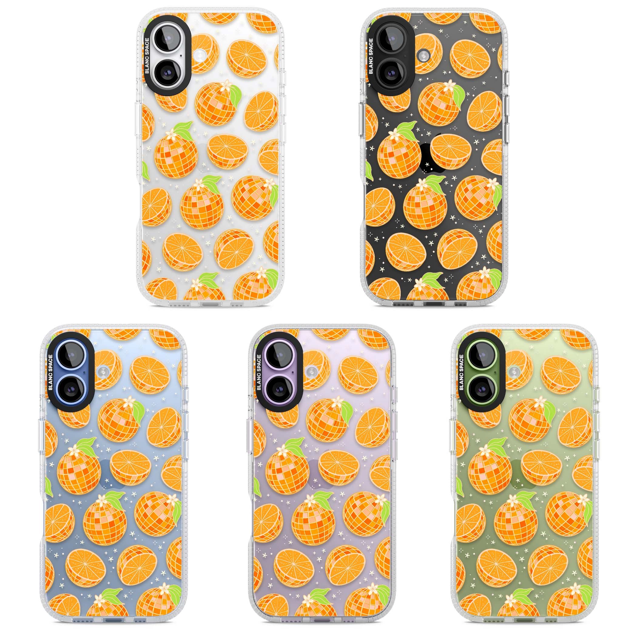 Disco Oranges retro iPhone case featuring mirrorball oranges, citrus slices and tiny blossoms on clear | Clear Case Impact Air case for iPhone 17