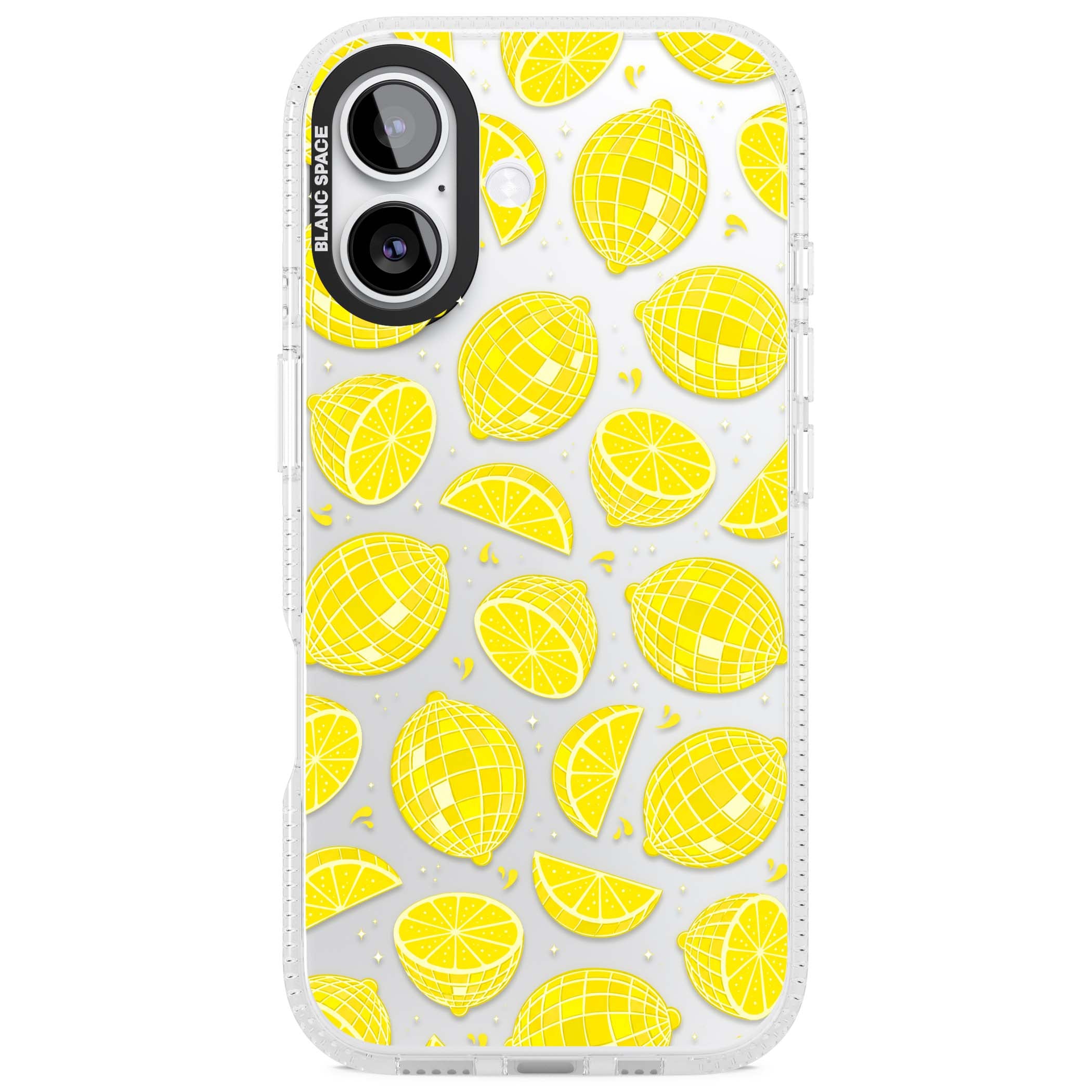 Disco Lemons citrus iPhone case featuring mirrorball lemons, sliced fruit and sparkle accents | Clear Case Impact Air case for iPhone 17