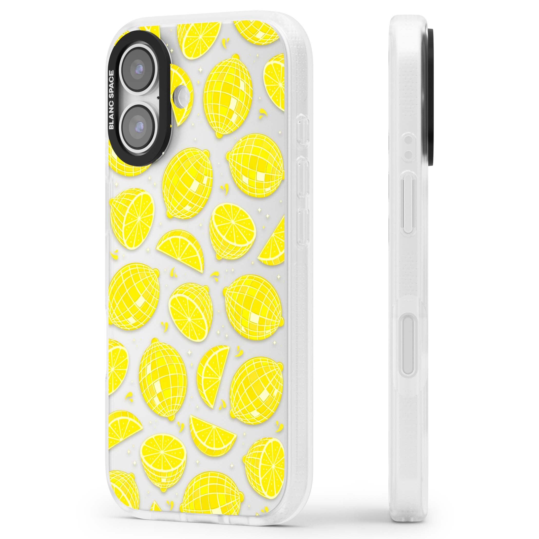 Disco Lemons citrus iPhone case featuring mirrorball lemons, sliced fruit and sparkle accents | Clear Case Impact Air case for iPhone 17