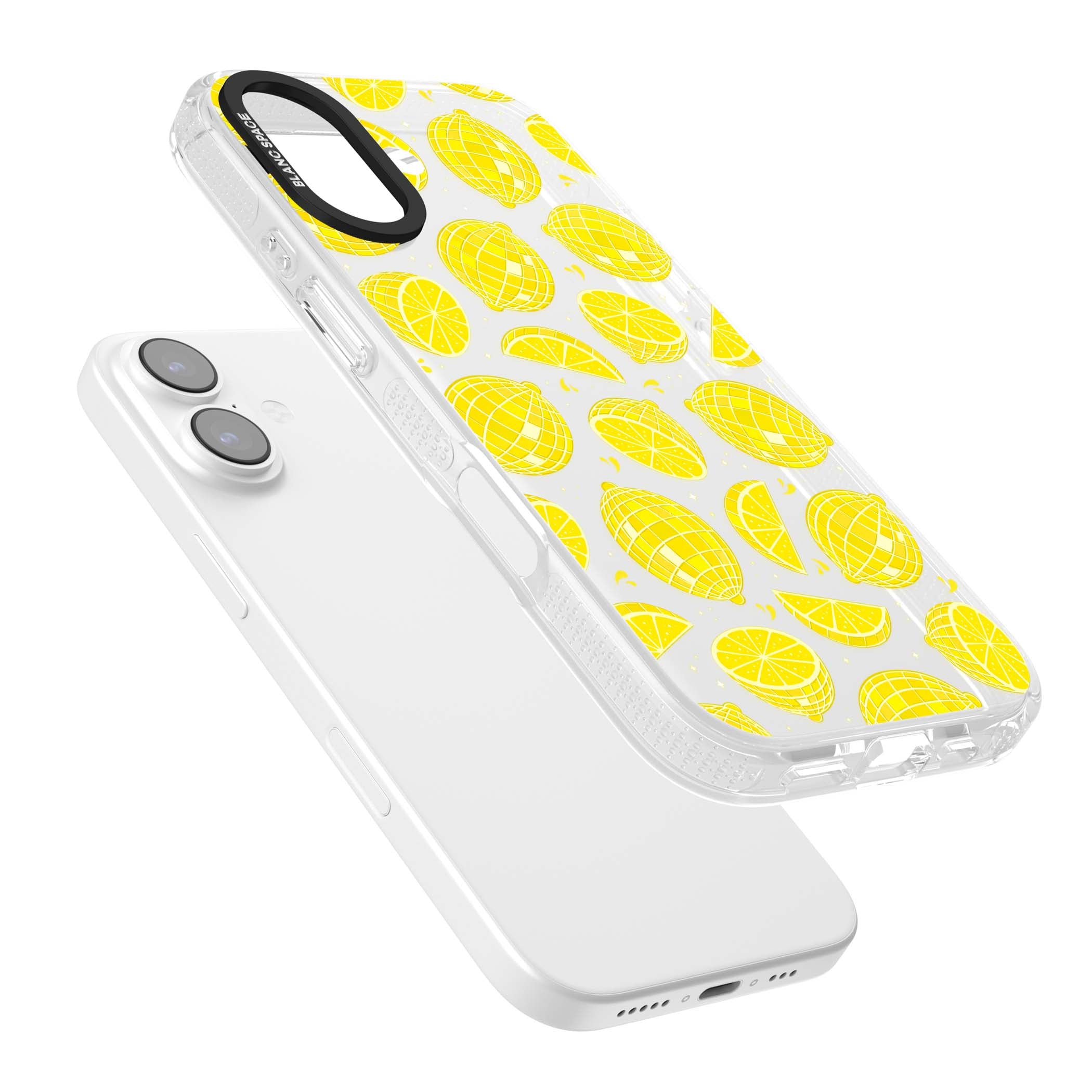 Disco Lemons citrus iPhone case featuring mirrorball lemons, sliced fruit and sparkle accents | Clear Case Impact Air case for iPhone 17