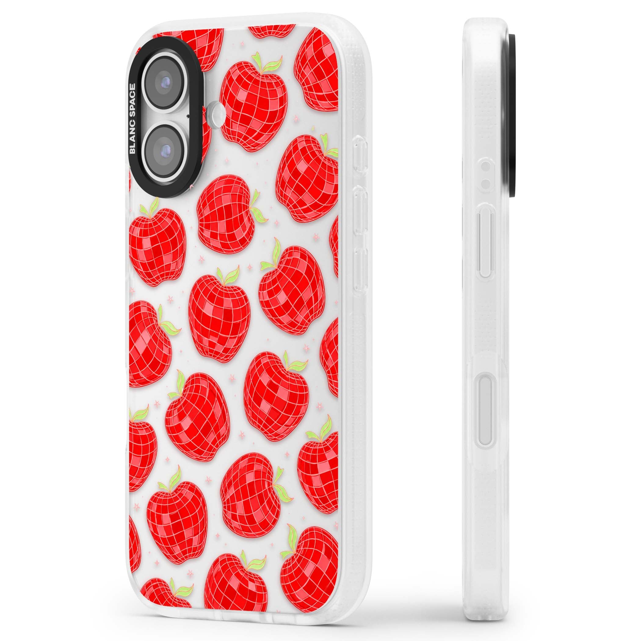 Disco Apples Y2K iPhone case featuring red disco ball apples, green leaves and pink sparkles on clear | Clear Case Impact Air case for iPhone 17