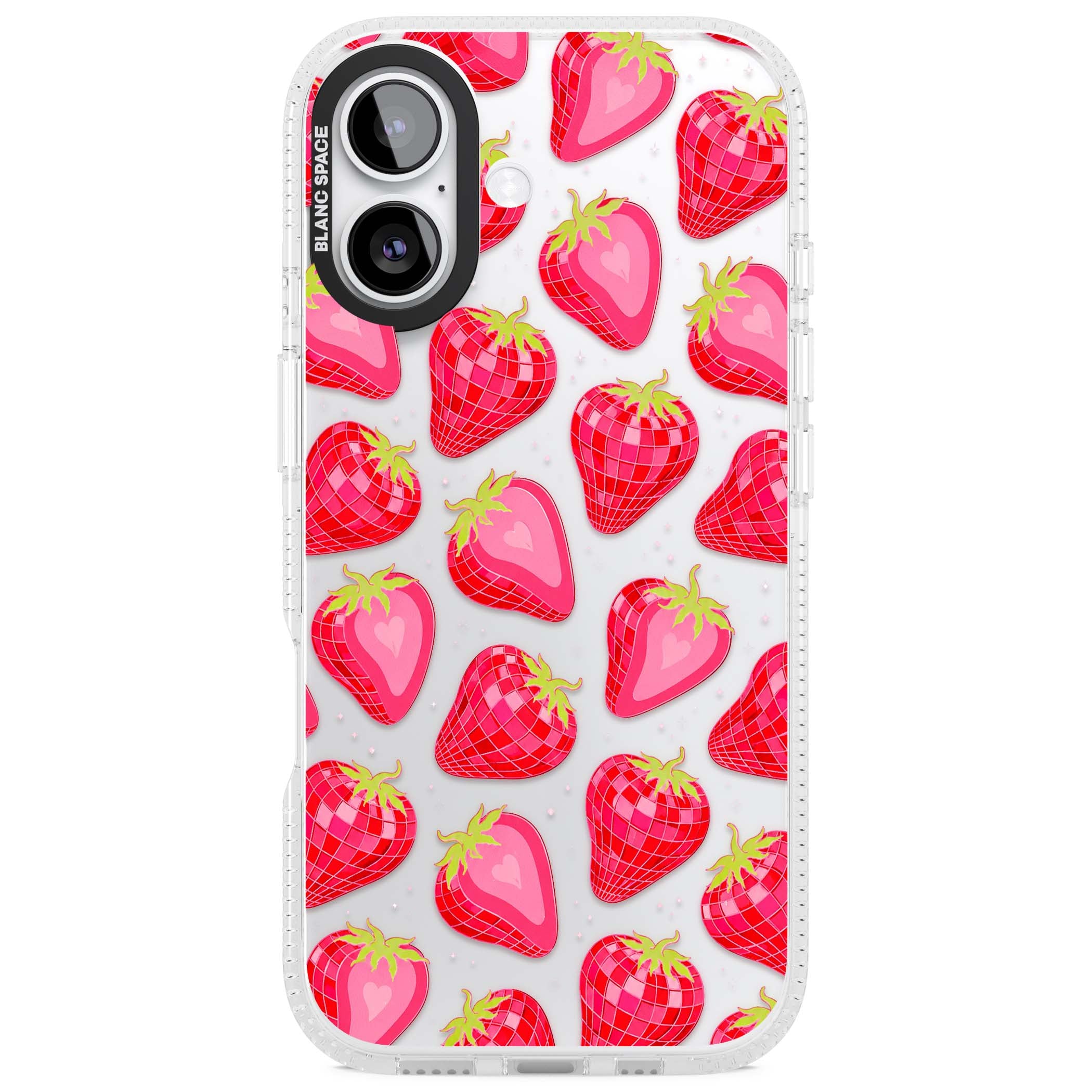 Disco Strawberry Y2K iPhone case featuring pink disco-ball strawberries, green leaves and tiny sparkles | Clear Case Impact Air case for iPhone 17