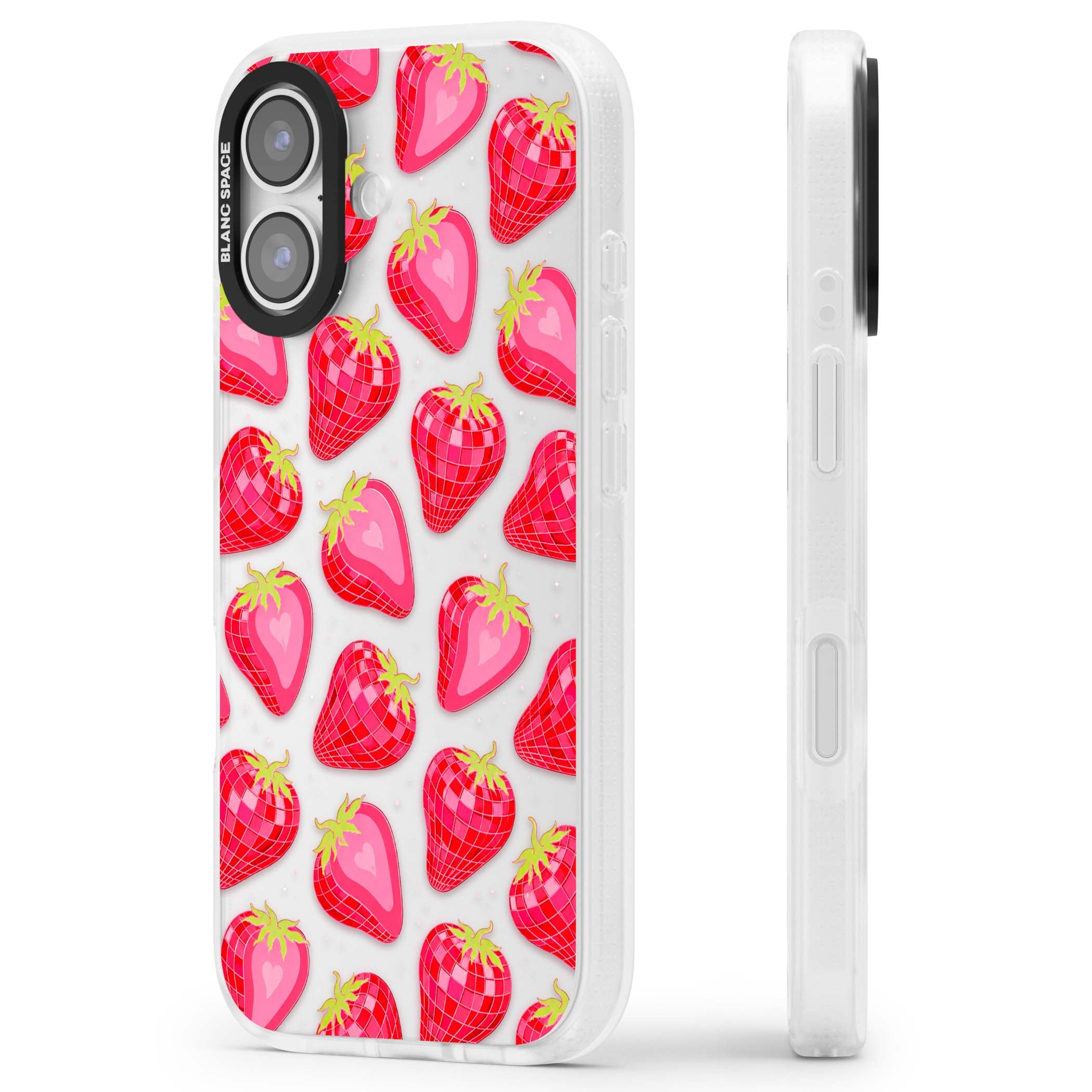 Disco Strawberry Y2K iPhone case featuring pink disco-ball strawberries, green leaves and tiny sparkles | Clear Case Impact Air case for iPhone 17