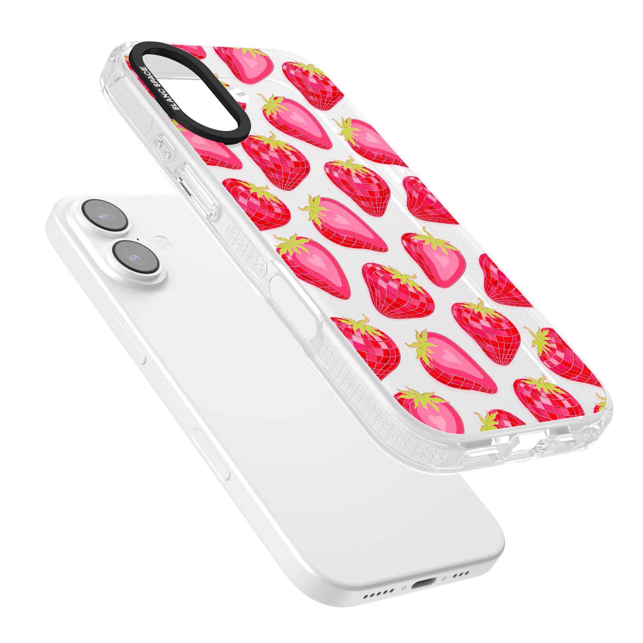 Disco Strawberry Y2K iPhone case featuring pink disco-ball strawberries, green leaves and tiny sparkles | Clear Case Impact Air case for iPhone 17