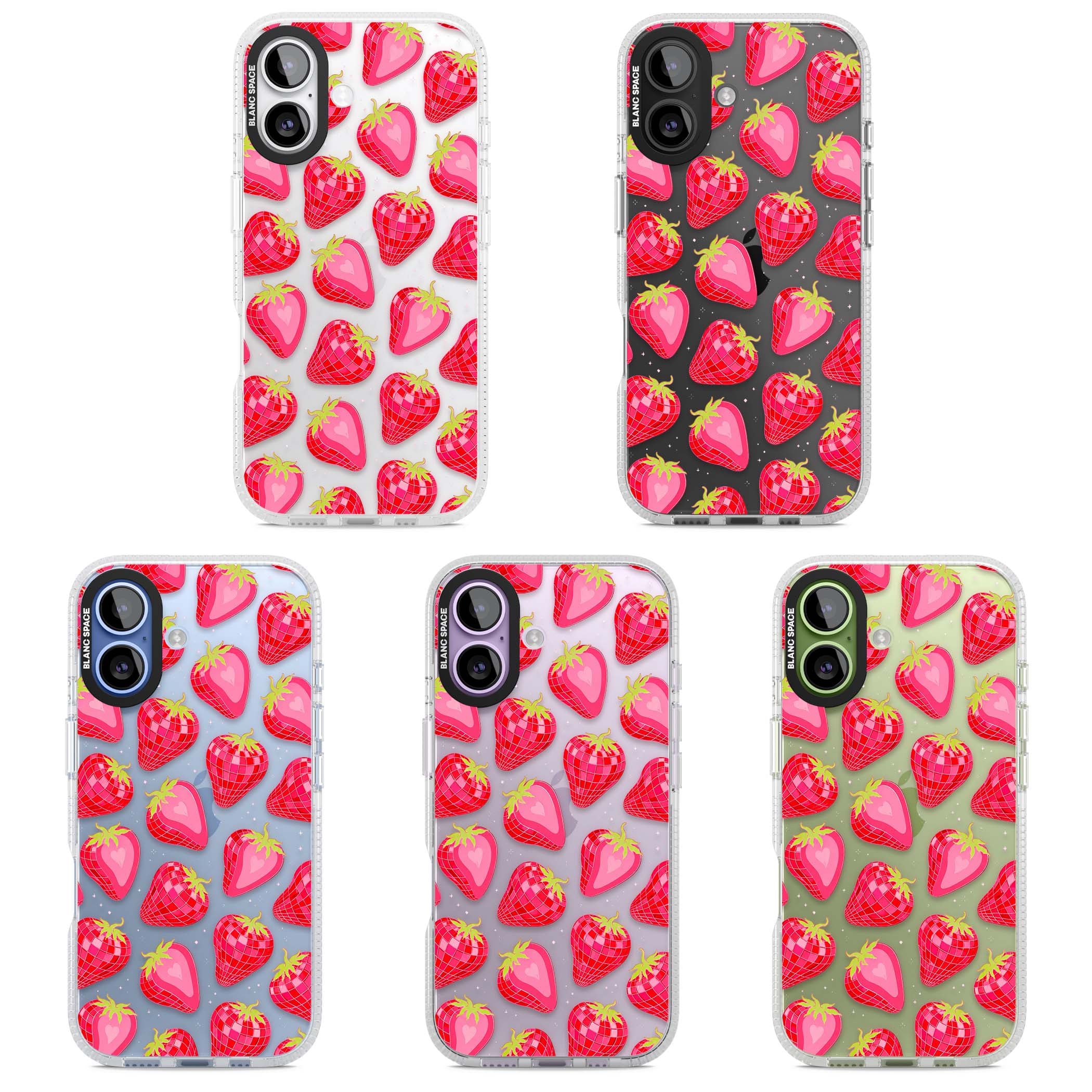 Disco Strawberry Y2K iPhone case featuring pink disco-ball strawberries, green leaves and tiny sparkles | Clear Case Impact Air case for iPhone 17