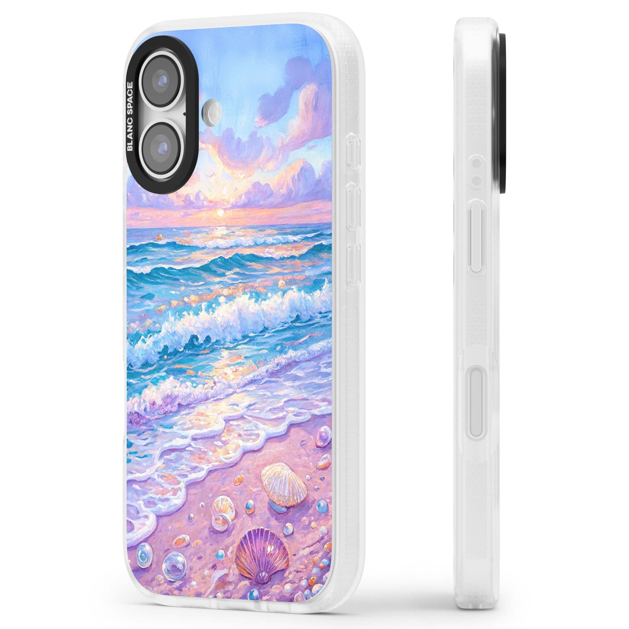 Pearl Shore coastal iPhone case featuring pastel painted waves, seashells, and a sunrise sky over a lavender beach. | Clear Case Impact Air case for iPhone 17