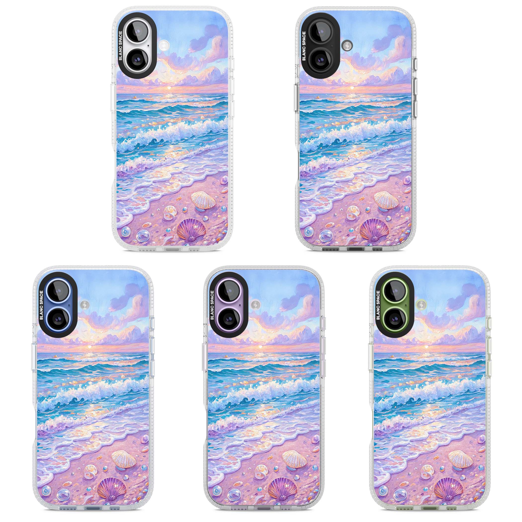 Pearl Shore coastal iPhone case featuring pastel painted waves, seashells, and a sunrise sky over a lavender beach. | Clear Case Impact Air case for iPhone 17