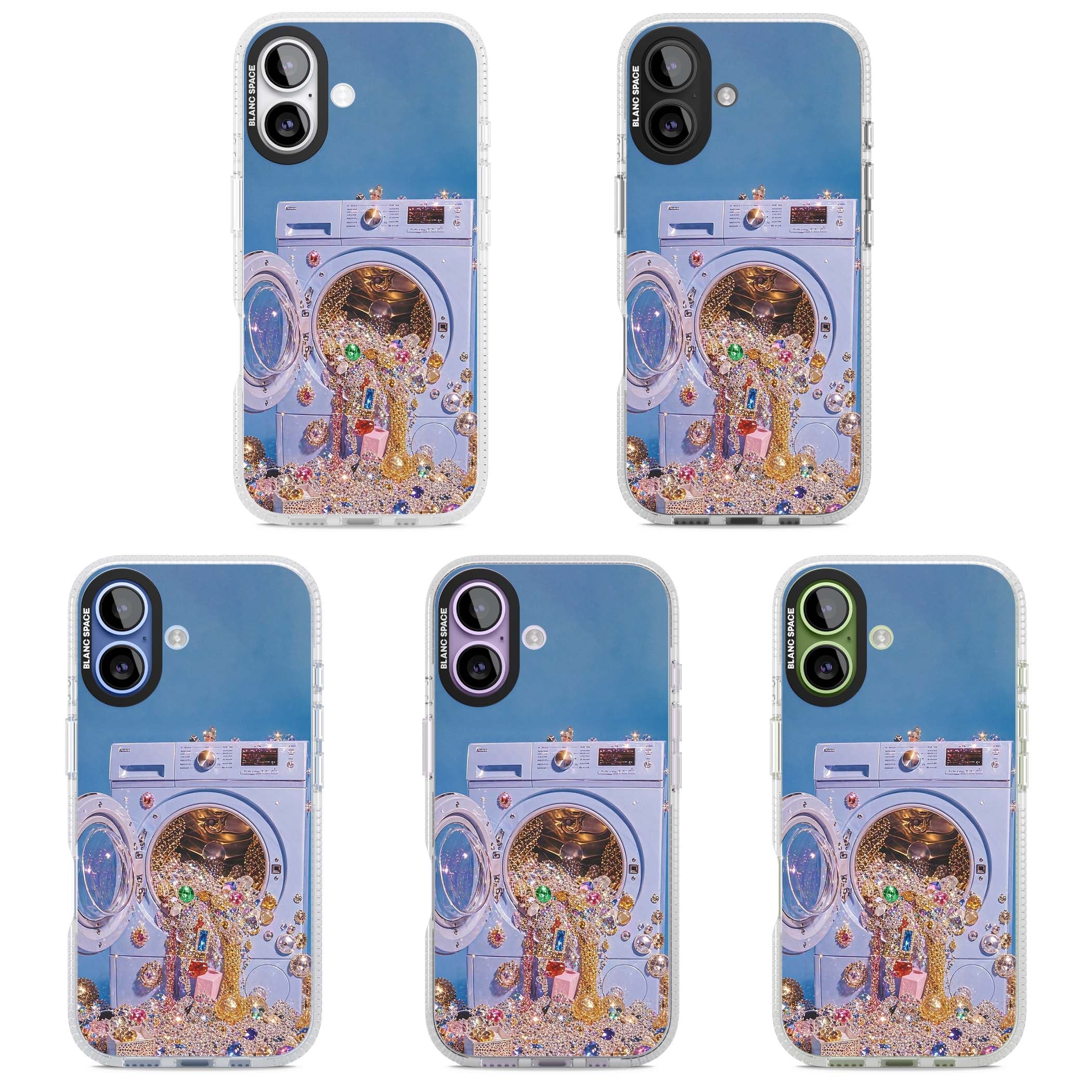 Gem Laundry baddie iPhone case featuring a surreal washing machine overflowing with colourful gemstones and crystals | Clear Case Impact Air case for iPhone 17